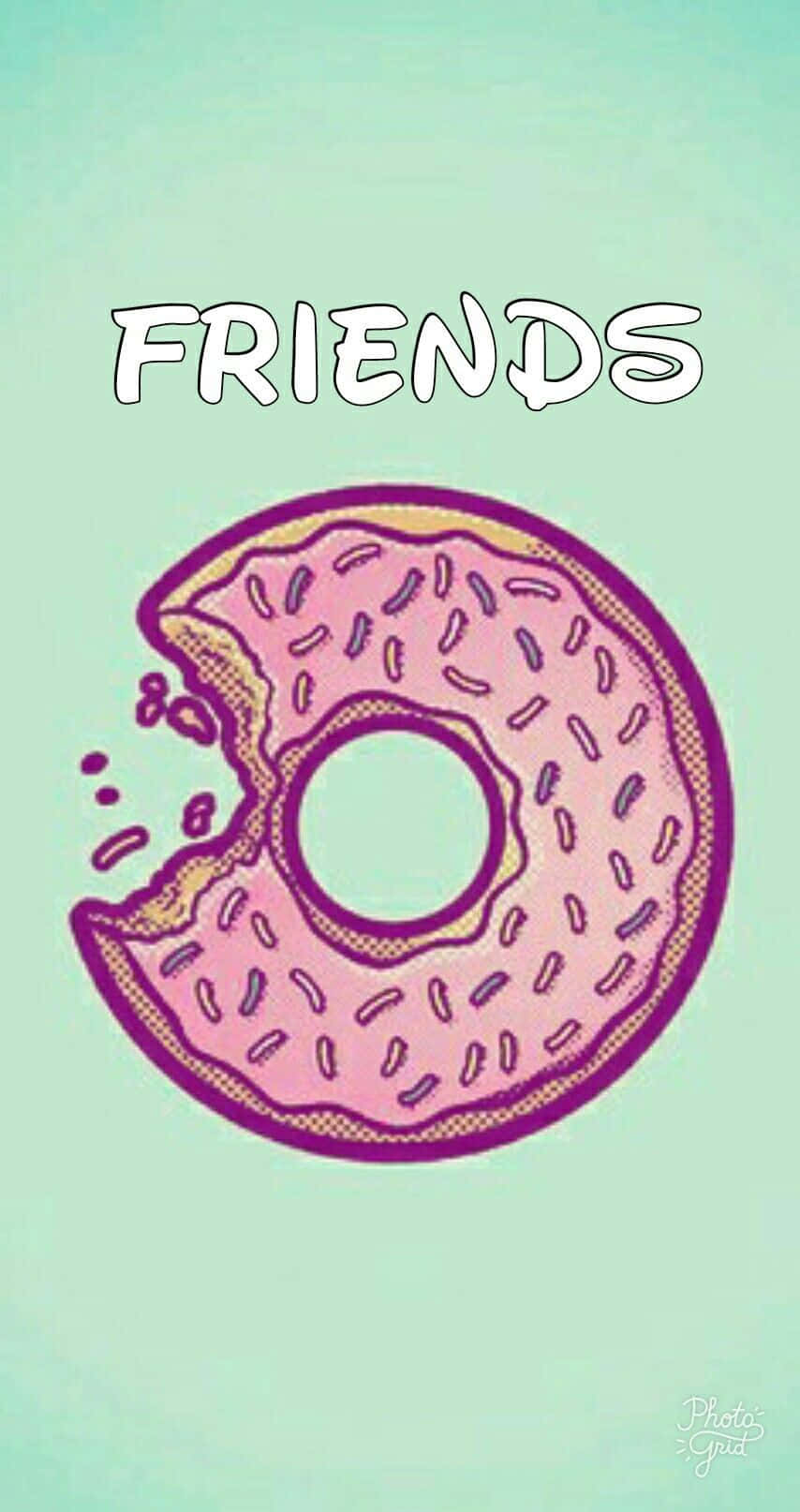 桌布 壁紙 — 在薄荷綠色背景上，「friends」字樣下方有一個帶有咬痕和糖粒的粉紅色糖霜甜甜圈。