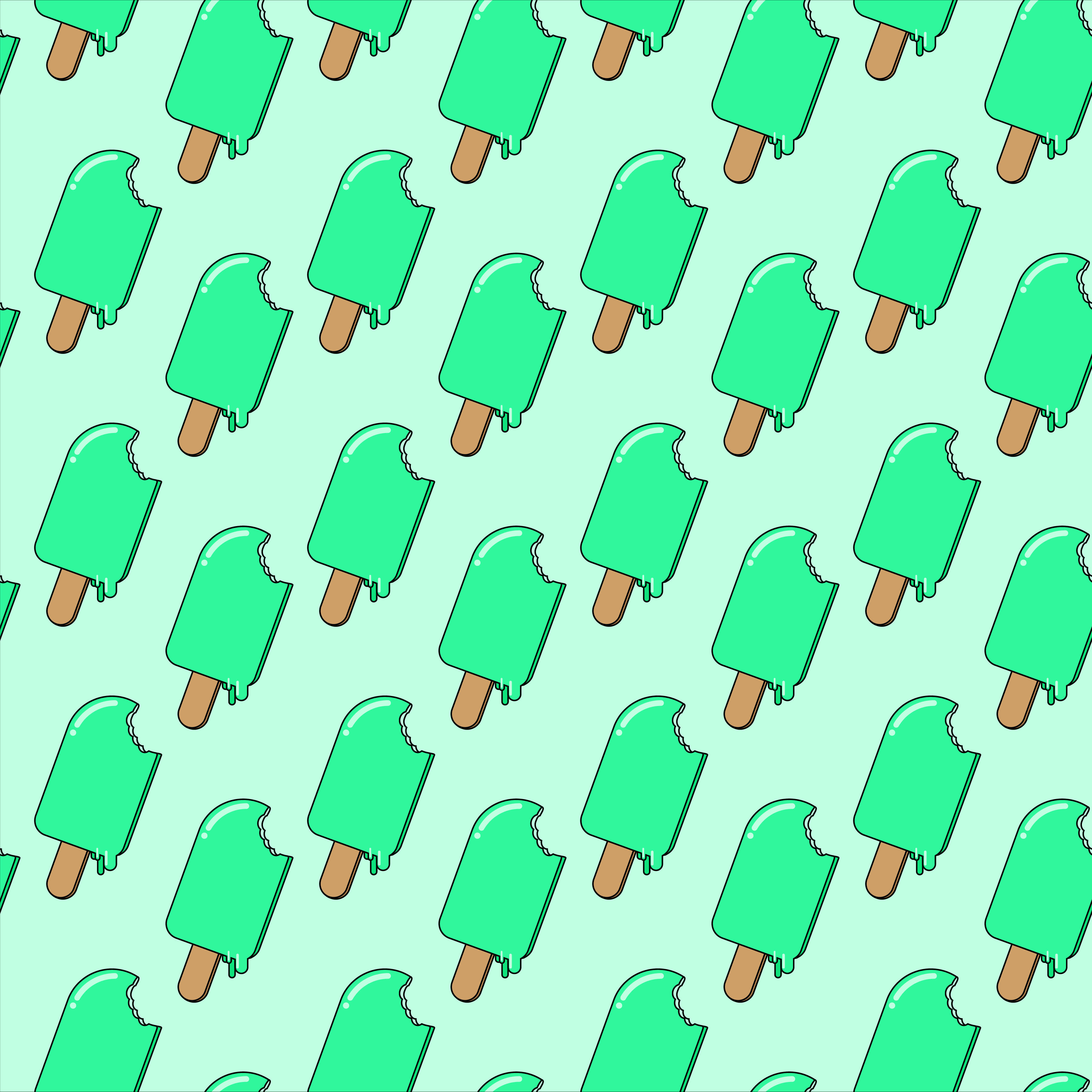 Ice Cream 桌布 壁紙 — 在薄荷色背景上重複出現被咬過的綠色冰棒圖案，帶有滴落的水滴。