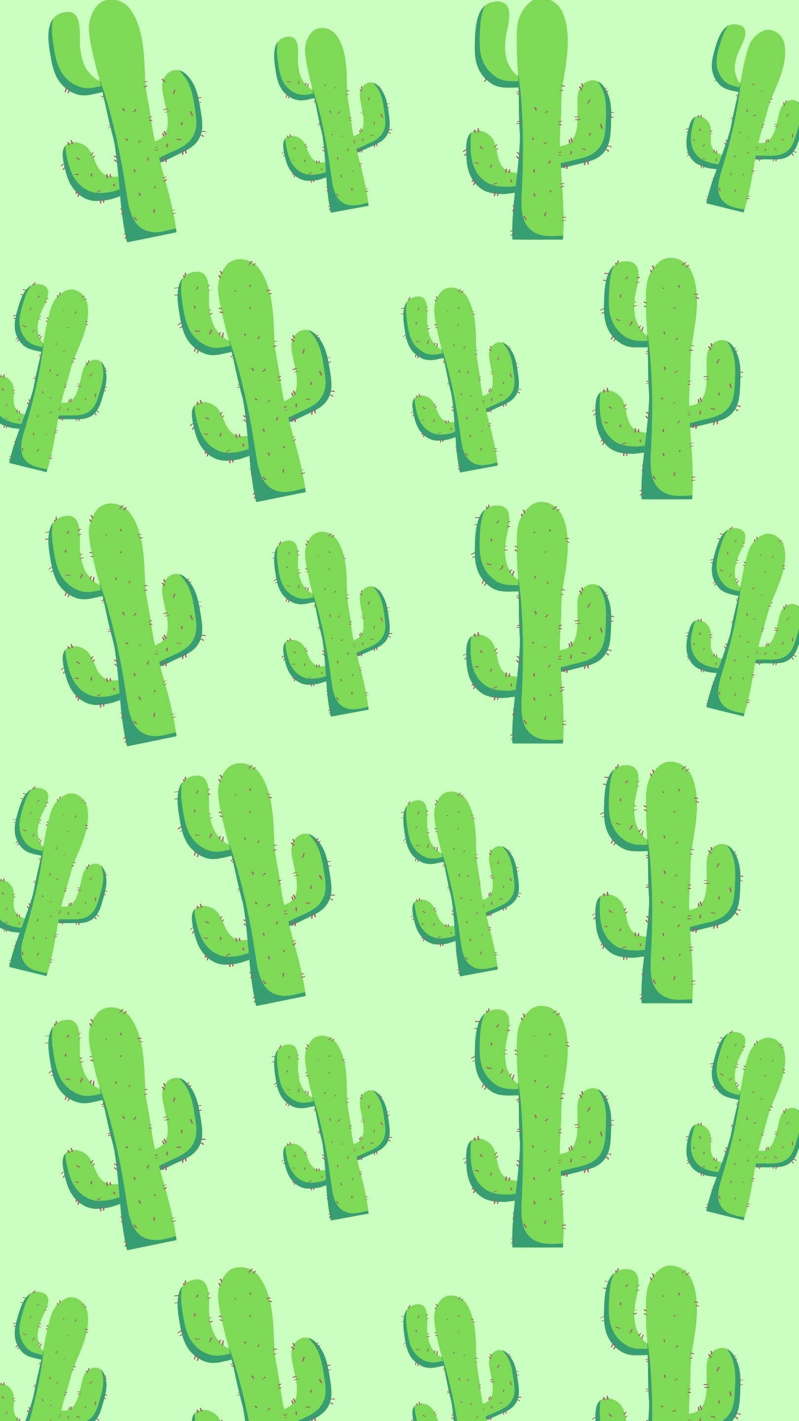 Cactus 桌布 壁紙 — 在薄荷色背景上重複的柔和綠色卡通仙人掌，營造出俏皮的沙漠壁紙。