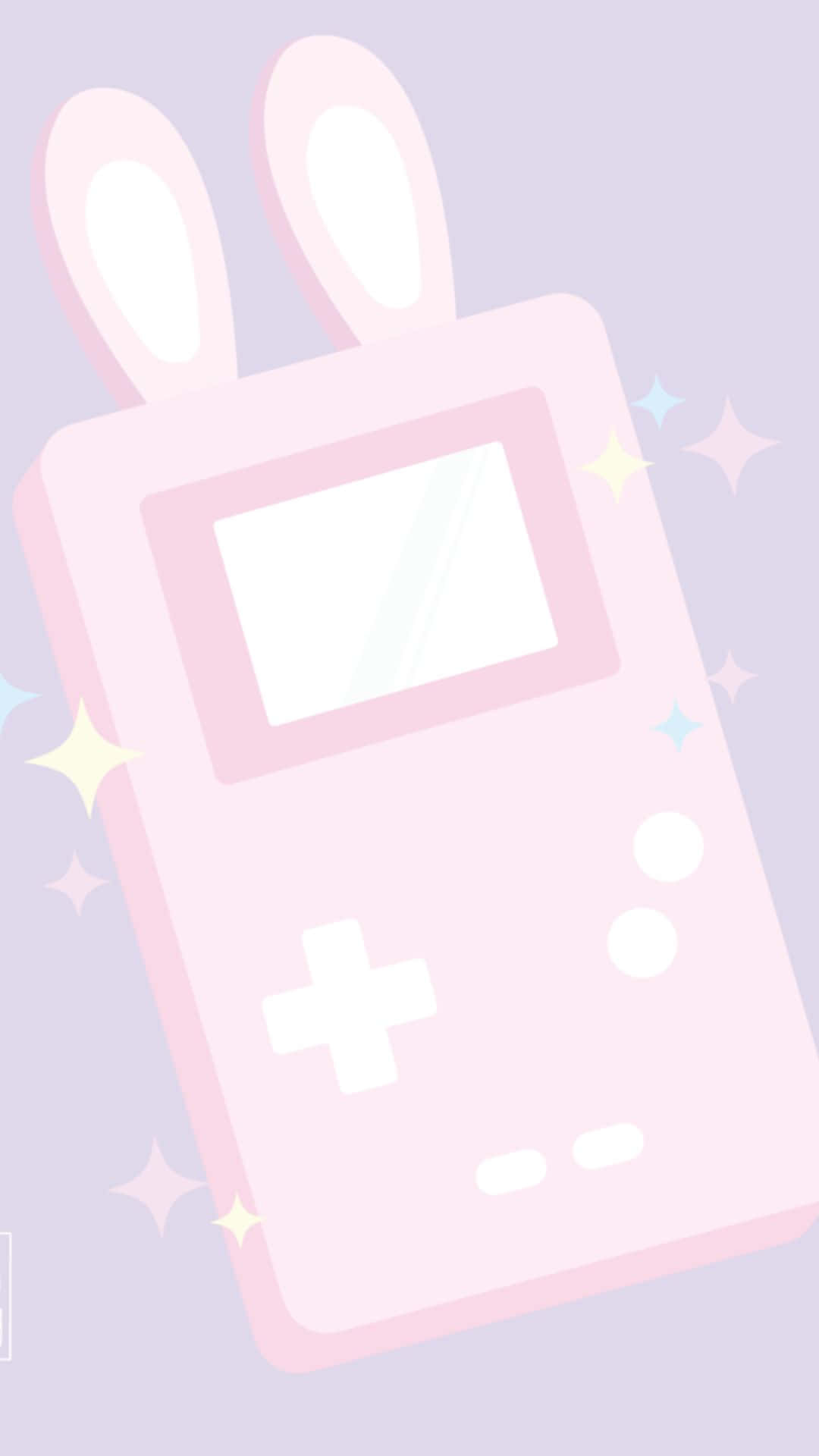 Kawaii Gaming 桌布 壁紙 — 在薰衣草背景上，一個帶有兔耳朵和閃粉的粉紅色手提遊戲機。