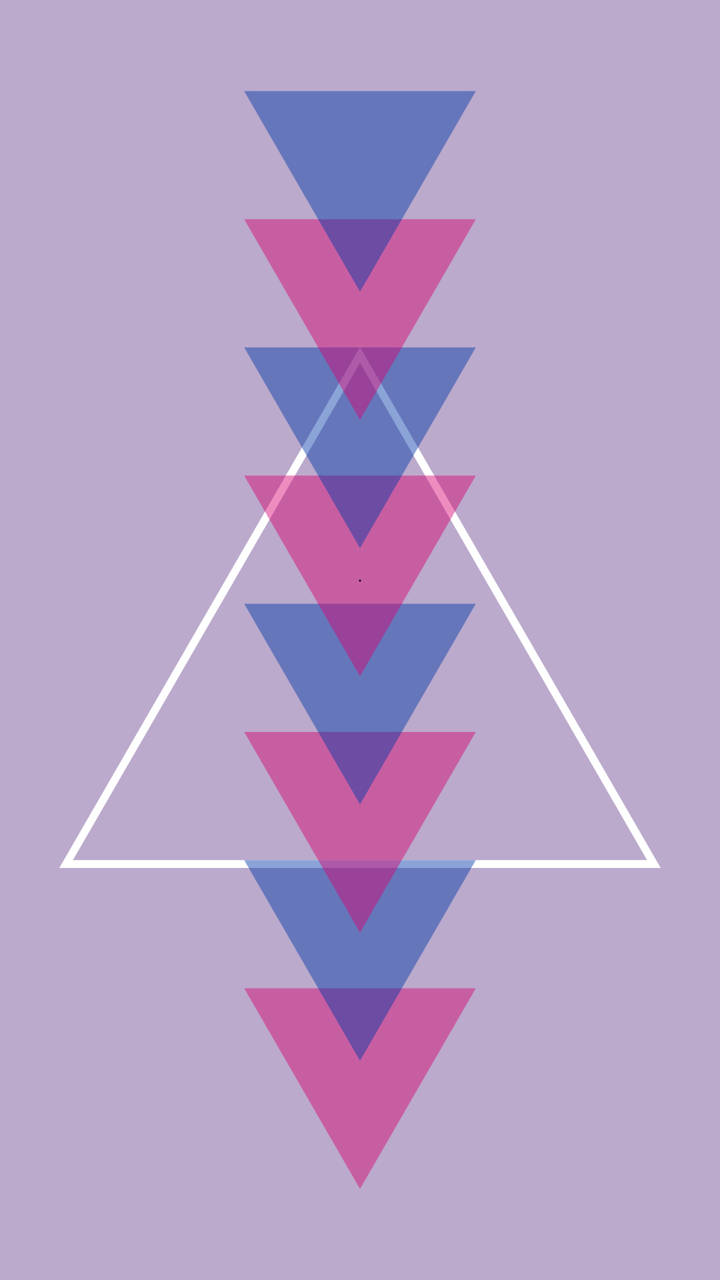 Bisexual Aesthetic 桌布 壁紙 — 在薰衣草背景上，一個白色三角形內垂直堆疊重疊的藍色和粉紅色三角形。