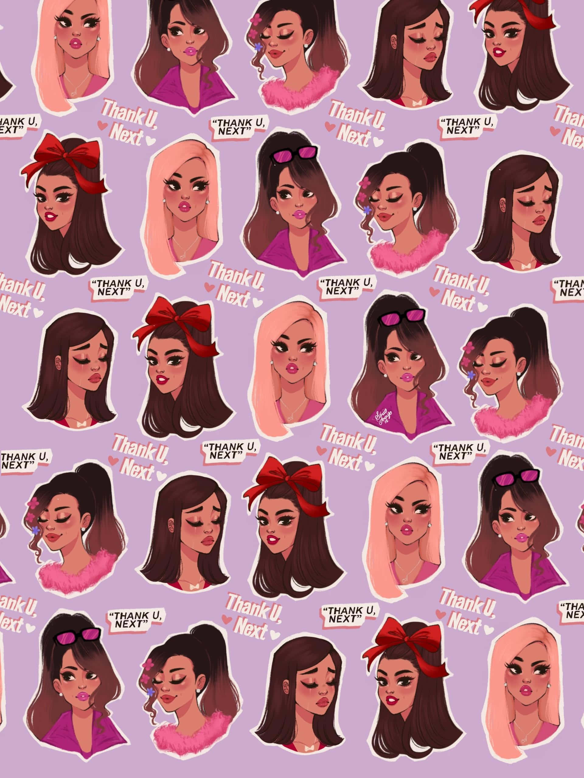 Aesthetic Ariana Grande 桌布 壁紙 — 在薰衣草背景上重複出現的風格化卡通女孩面孔圖案，帶有「Thank U, Next」文字。