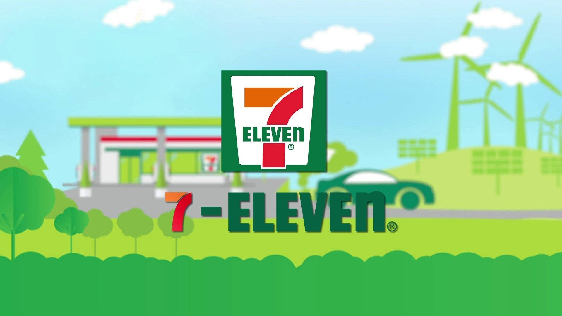 Eleven 桌布 壁紙 — 在藍天下綠色景觀中，設有風力渦輪機和太陽能板的明亮卡通7-Eleven商店。