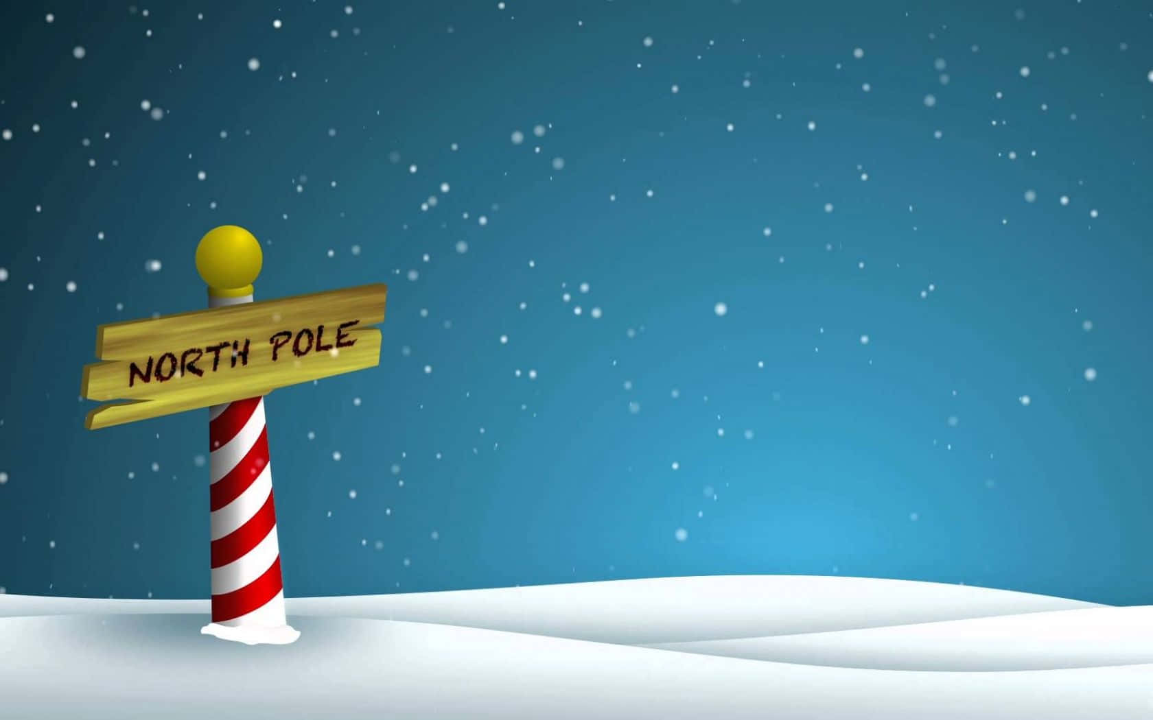 North Pole 桌布 壁紙 — 在藍天背景下，一根紅白條紋的柱子上掛著一個寫有「北極」的木牌，矗立在雪地中，雪花飄落。