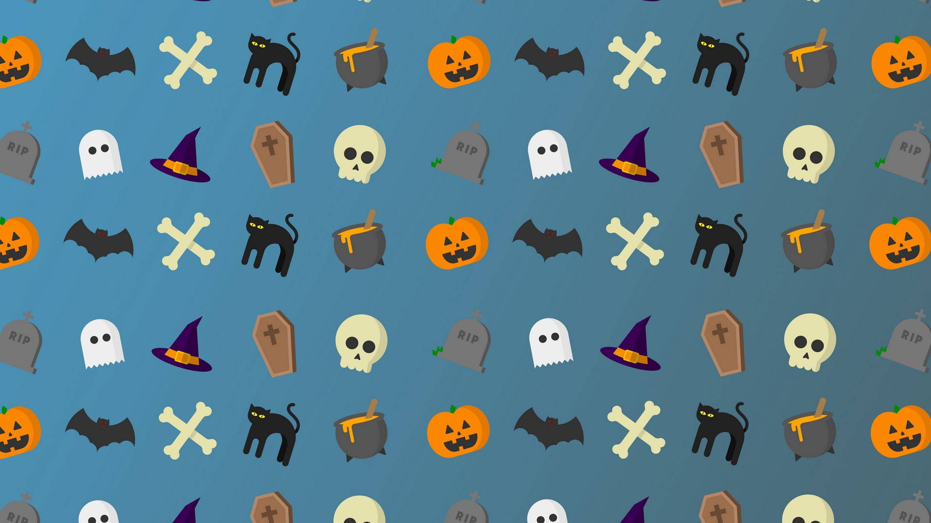 Cute Aesthetic Halloween 桌布 壁紙 — 在藍色背景上重複出現的萬聖節圖標圖案，包括南瓜、蝙蝠、骷髏和棺材。