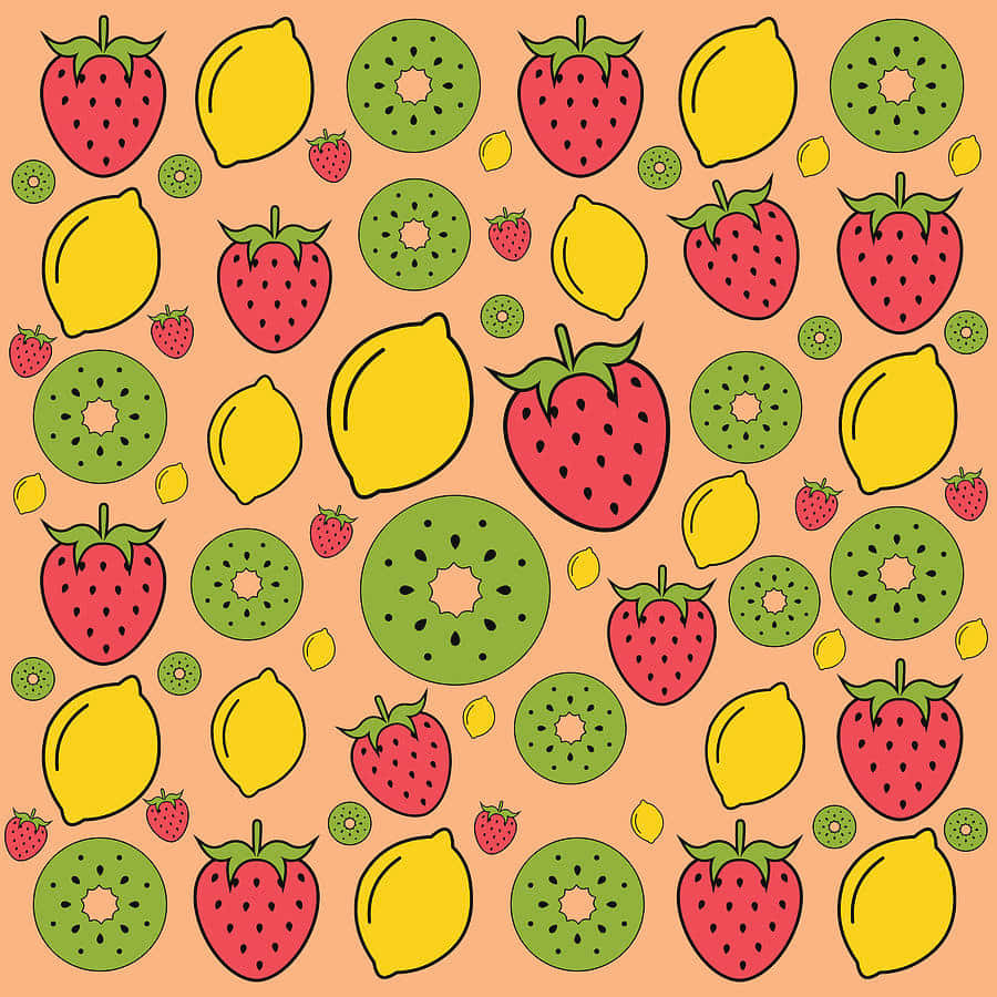 Fruits 桌布 壁紙 — 在蜜桃色背景上，以粗線條勾勒出草莓、檸檬和奇異果的鮮豔圖案。