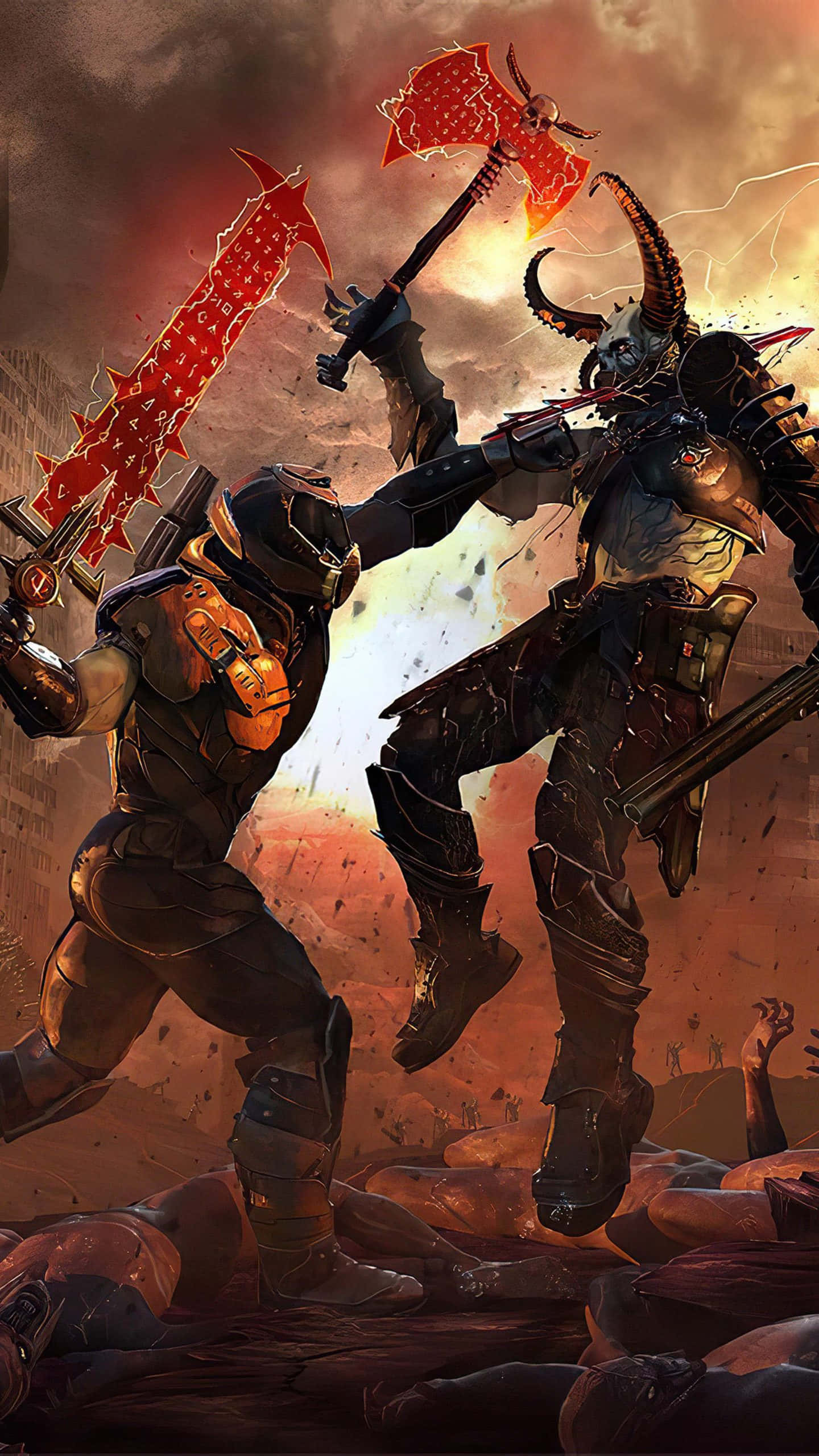 Pixel 3xl Doom 桌布 壁紙 — 在血橙色的天空下，兩名裝甲戰士在廢墟城市景觀中激烈交戰。