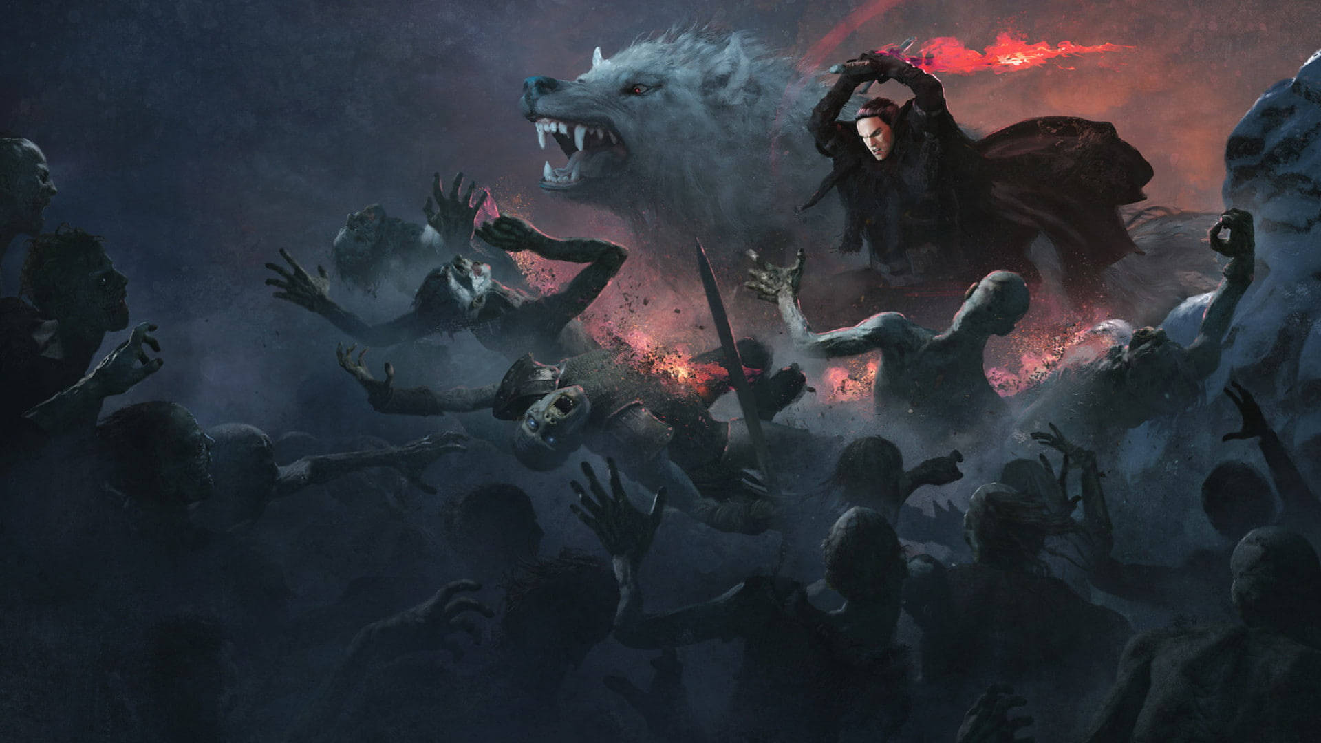 Jon Snow Game Of Thrones 桌布 壁紙 — 在血紅的天空下，一名戰士在骷髏殭屍群中與一隻巨大的白狼戰鬥。