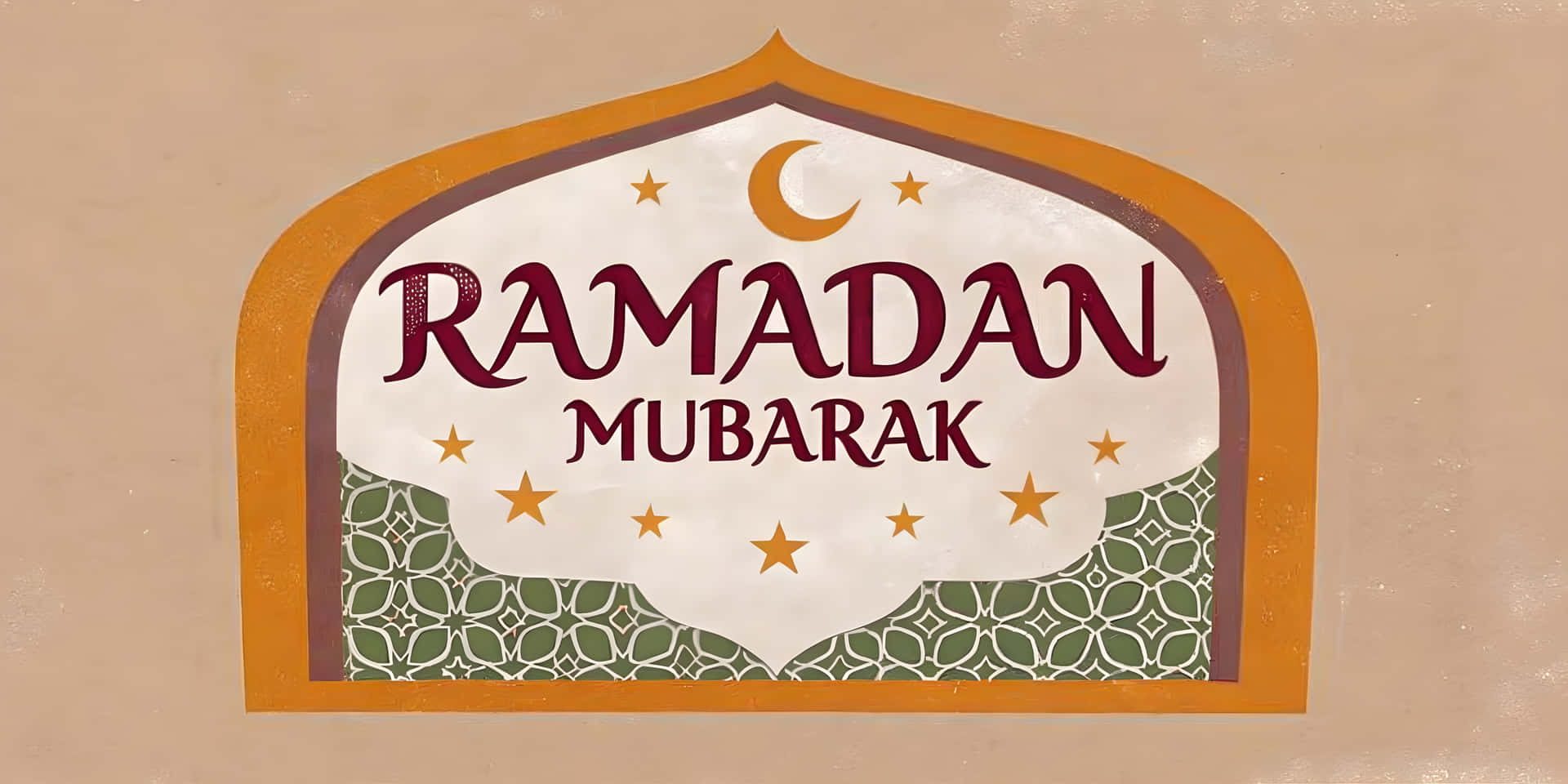 Beautiful greeting card of ramadan mubarak 壁紙 — 在裝飾性拱形框架內，新月和星星下方以栗色字體呈現的節日齋月穆巴拉克祝福。