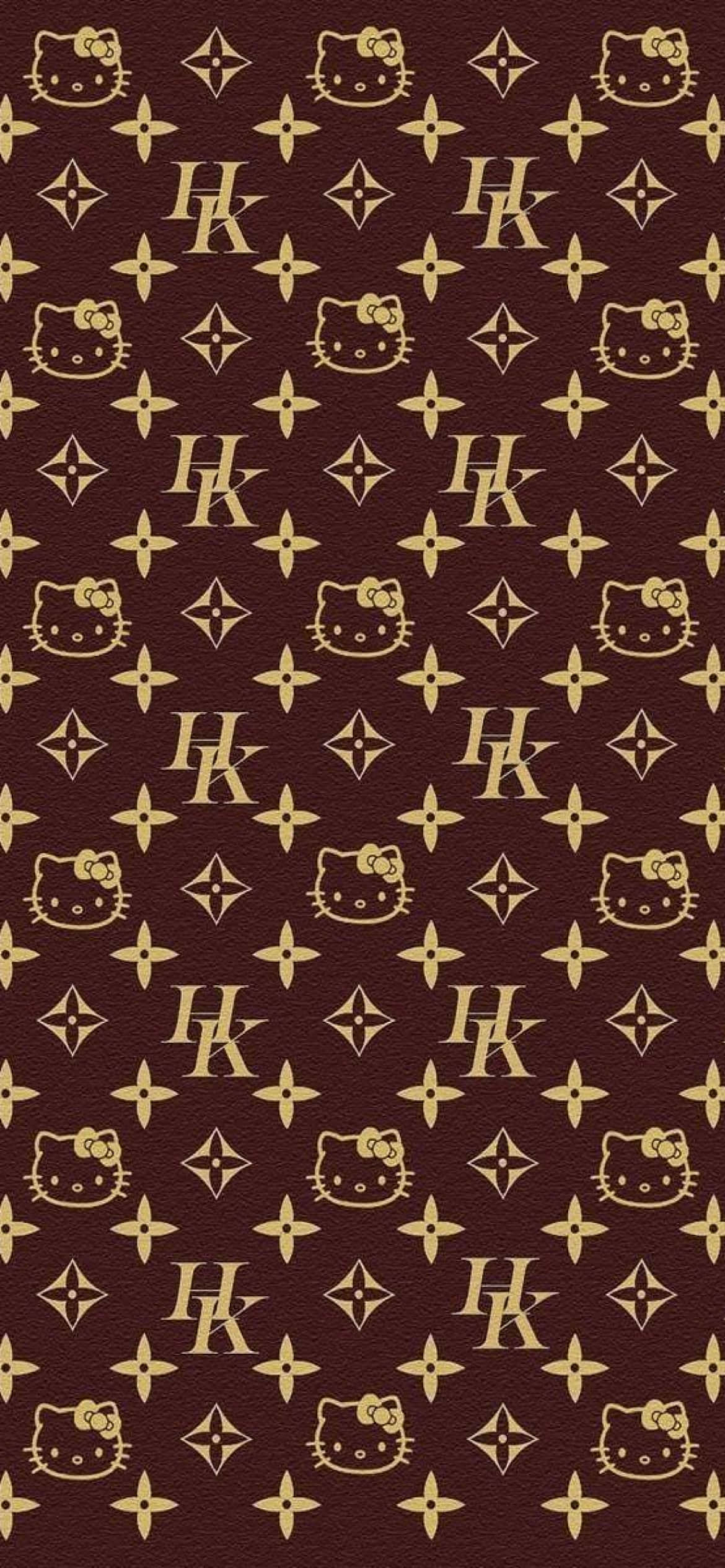 Louis Vuitton Pattern 桌布 壁紙 — 在豐富的勃艮第紋理背景上重複出現的金色Hello Kitty面孔和字母組合符號圖案。