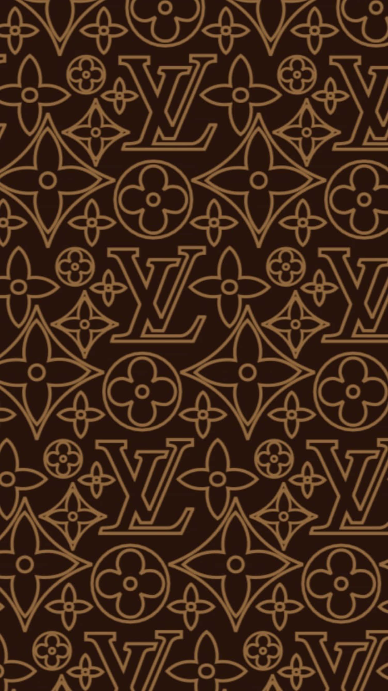 Louis Vuitton Pattern 桌布 壁紙 — 在豐富的棕色背景上重複出現金色路易威登字母組合圖案。