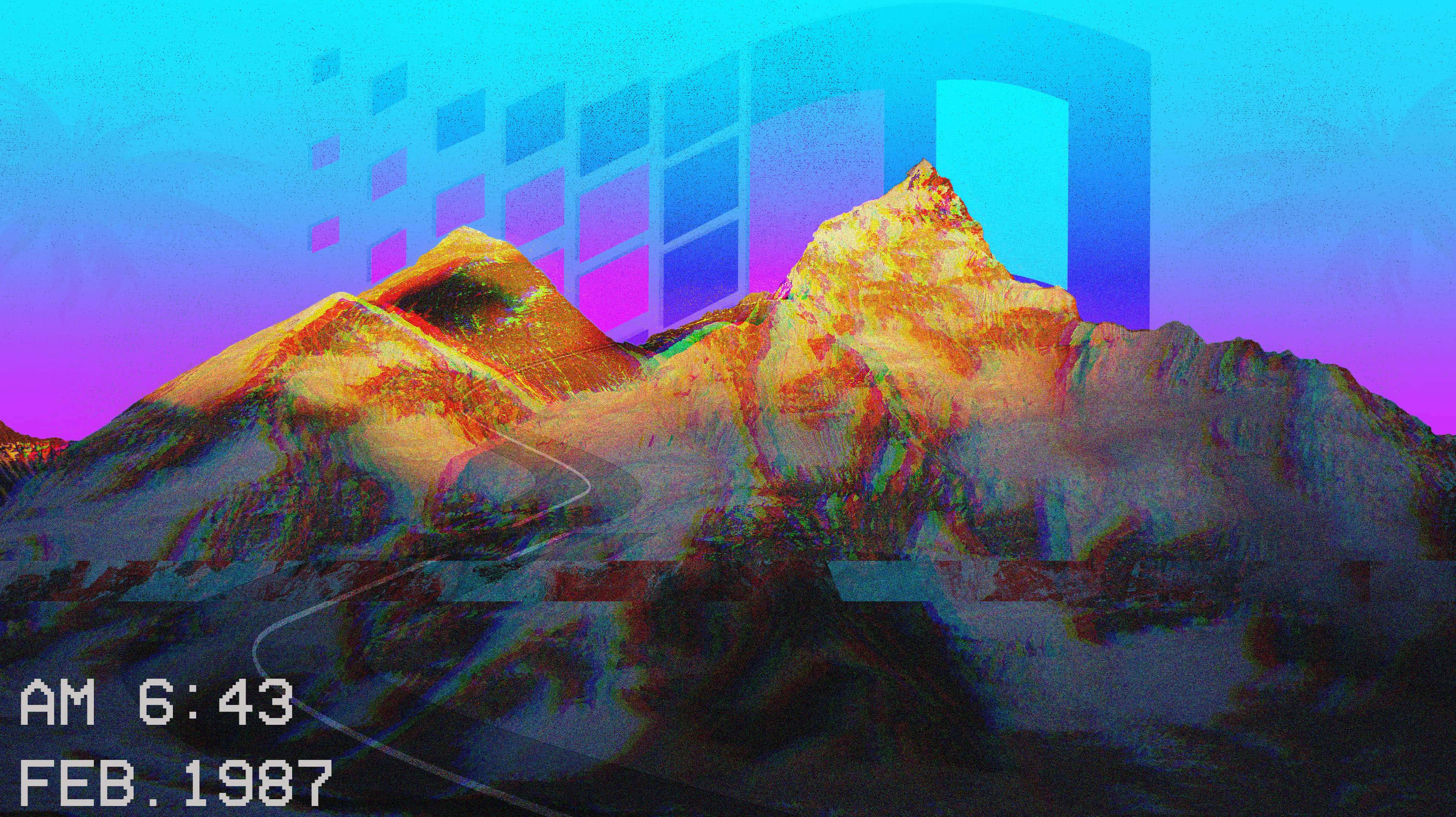 90s Computer 桌布 壁紙 — 在超現實的紫色和藍色天空下，帶有數位網格疊加和時間戳記 AM 6:43 FEB.1987 的故障山脈。