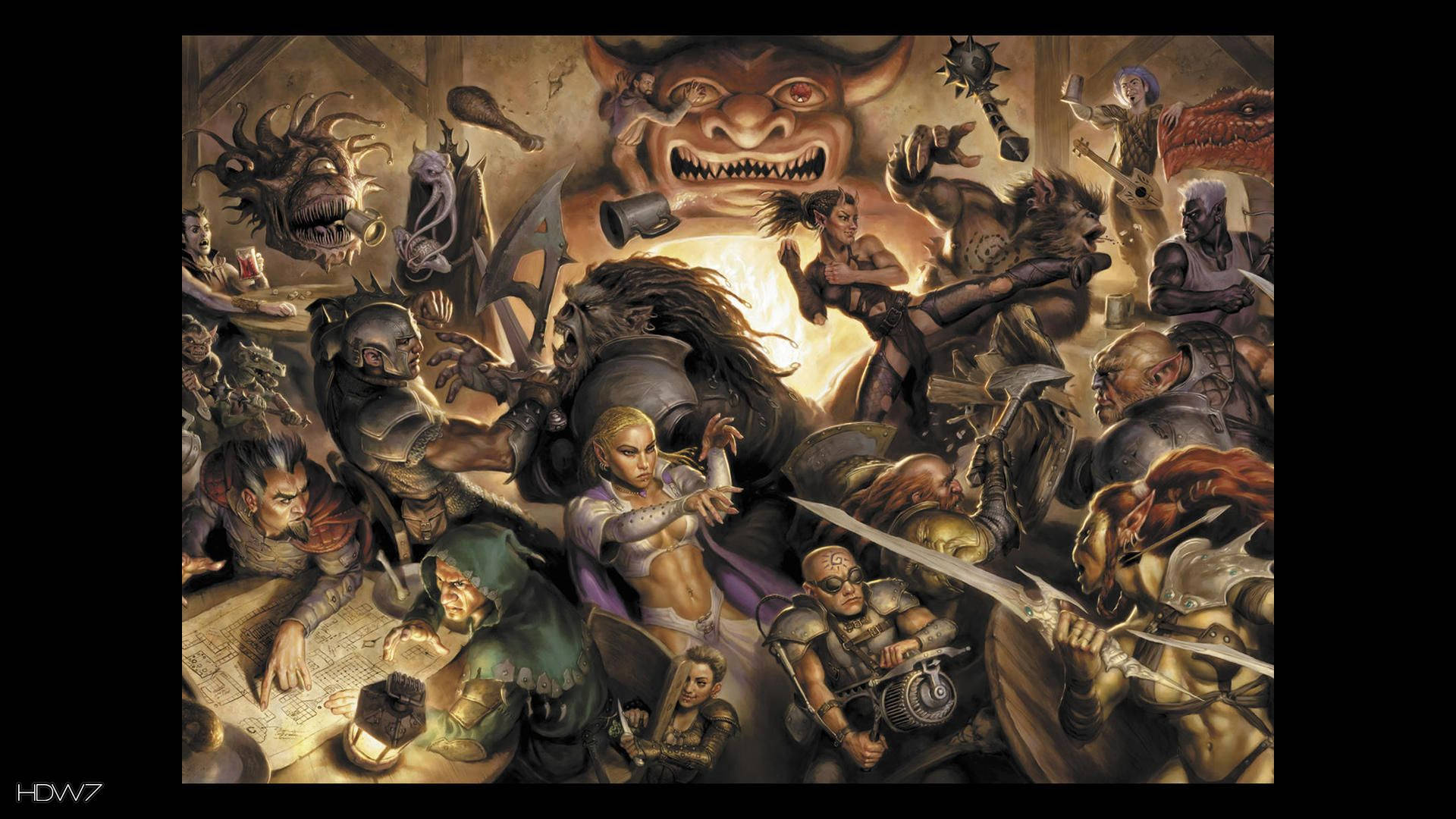 Dragons 桌布 壁紙 — 在迫在眉睫的惡魔面孔下，裝甲戰士與怪獸般的生物激烈衝突的混亂奇幻戰鬥場景。
