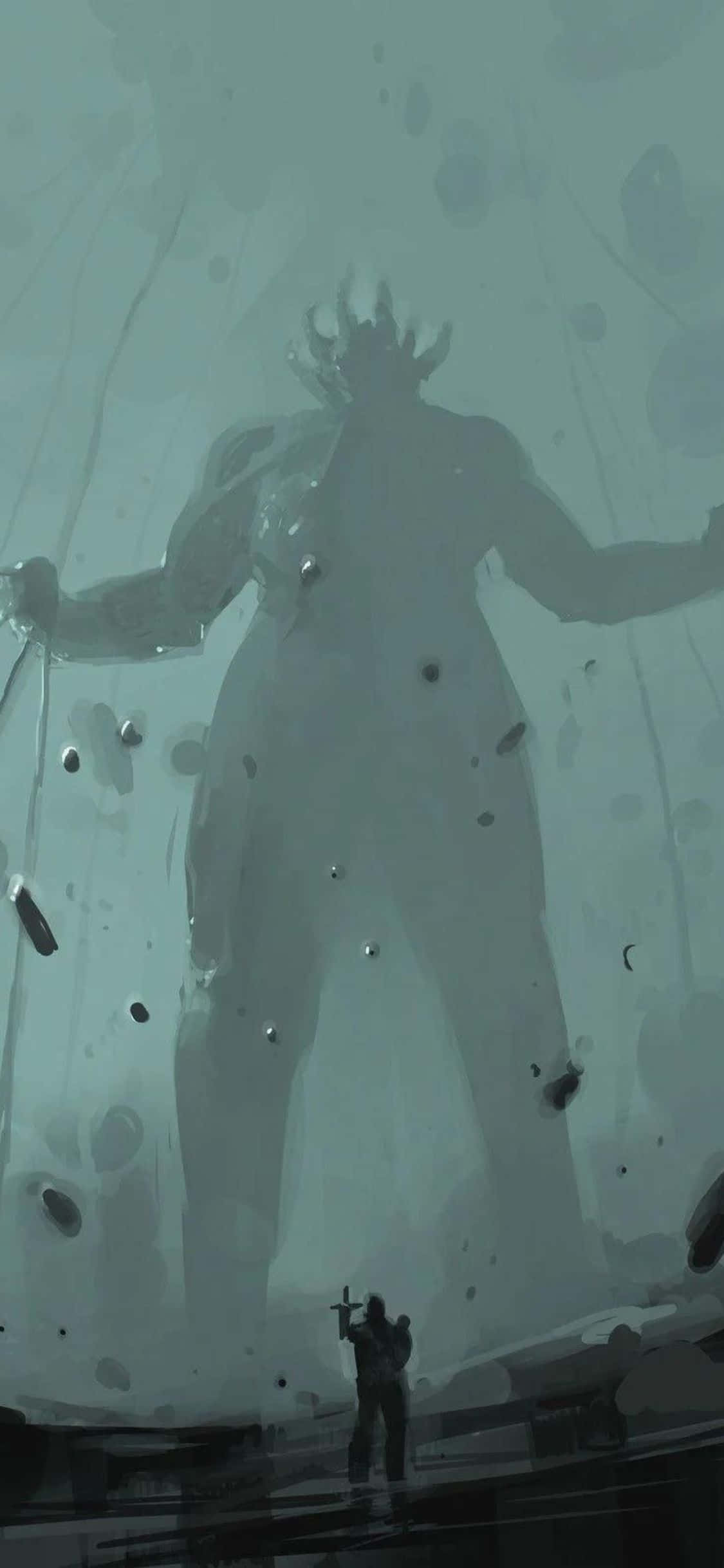 iPhone Xs Death Stranding 桌布 壁紙 — 在迷霧單色風景中，一名孤獨的戰士站在一個有角的巨大陰影人物面前。