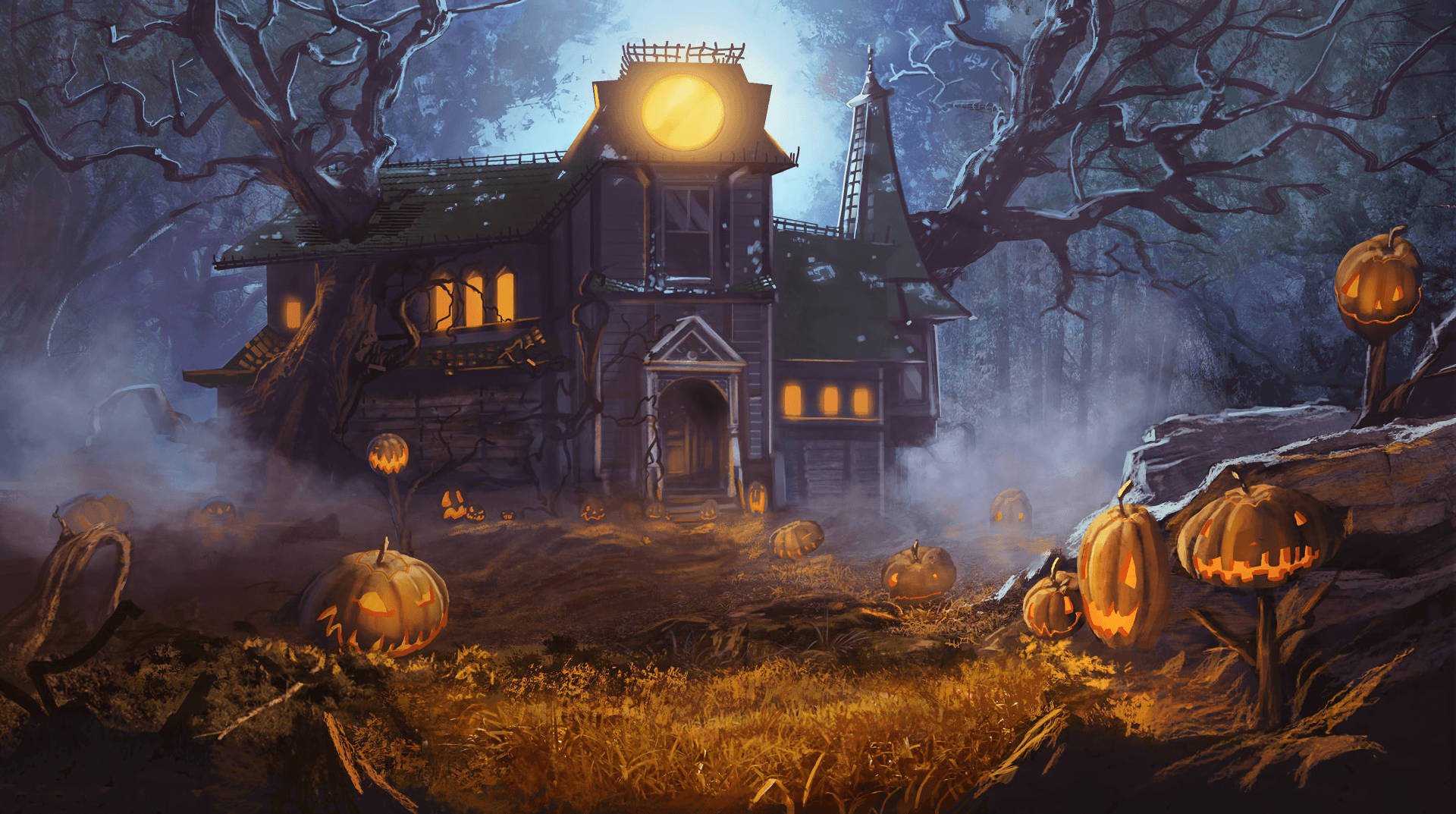 Haunted House Halloween 桌布 壁紙 — 在迷霧森林中，一座陰森鬼屋，滿月下閃爍的傑克南瓜燈和扭曲的樹木。