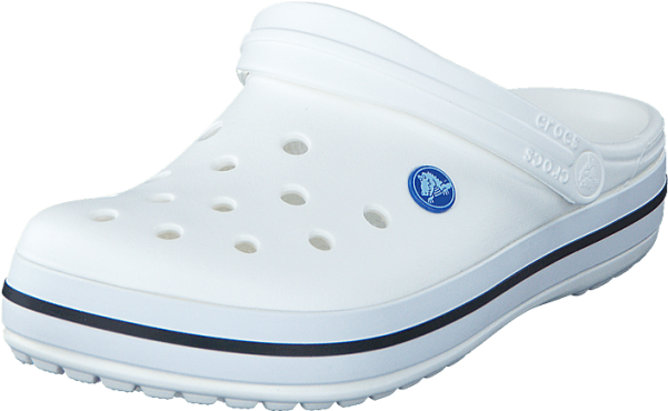 Crocs 桌布 壁紙 — 在透明背景上以工作室燈光展示的純白色Crocs木屐，帶有藍色標誌和黑色飾邊。