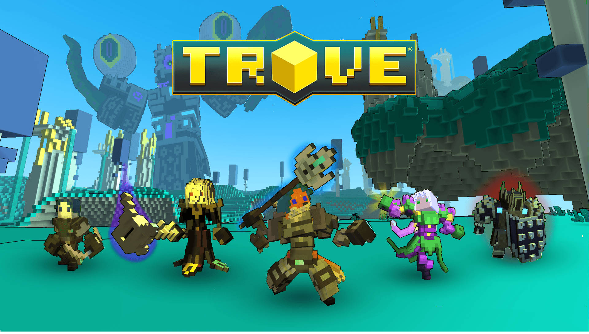 電玩遊戲 桌布 壁紙 — 在遊戲 Trove 中，像素化的冒險者身穿方塊盔甲，在明亮的藍天下準備戰鬥。