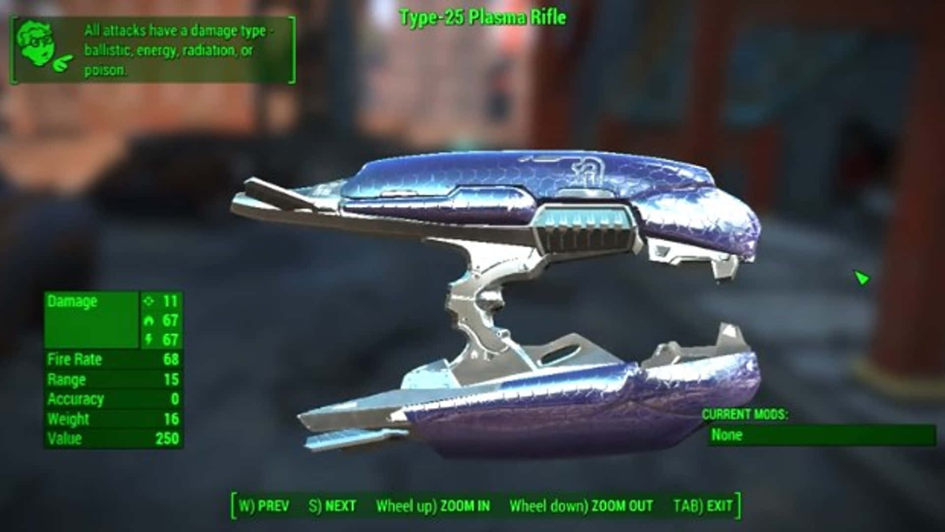 Plasma Rifle 桌布 壁紙 — 在遊戲庫存中顯示的發光藍色等離子步槍，附有可見的統計數據和模組選項。