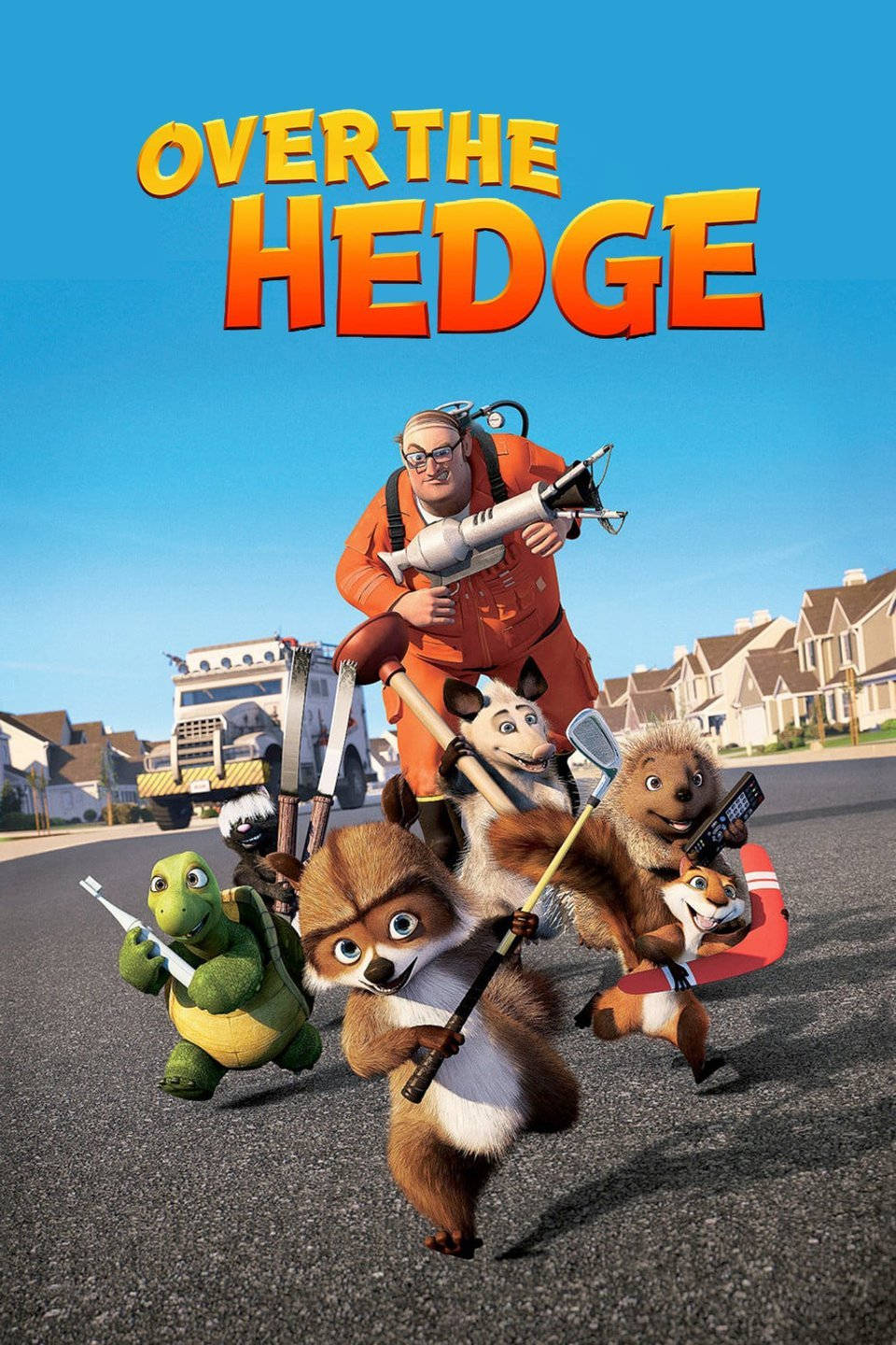 Over The Hedge 桌布 壁紙 — 在郊區街道場景中，動畫動物角色在明亮的藍天下手持工具和武器。