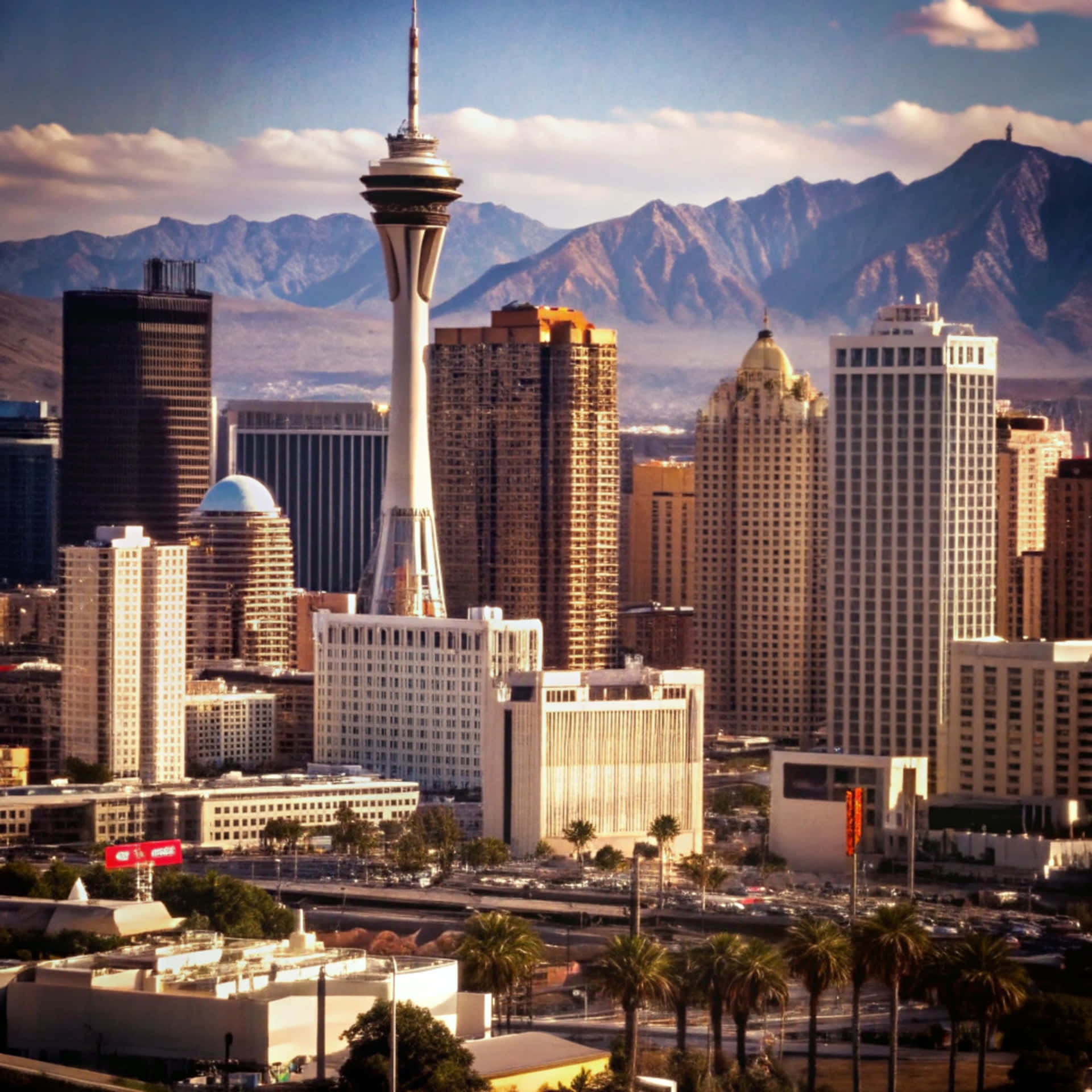 Las Vegas Skyline 壁紙 — 在部分多雲的天空下，陽光普照的拉斯維加斯天際線，以遠處山脈為背景，襯托出Stratosphere塔及周邊酒店。