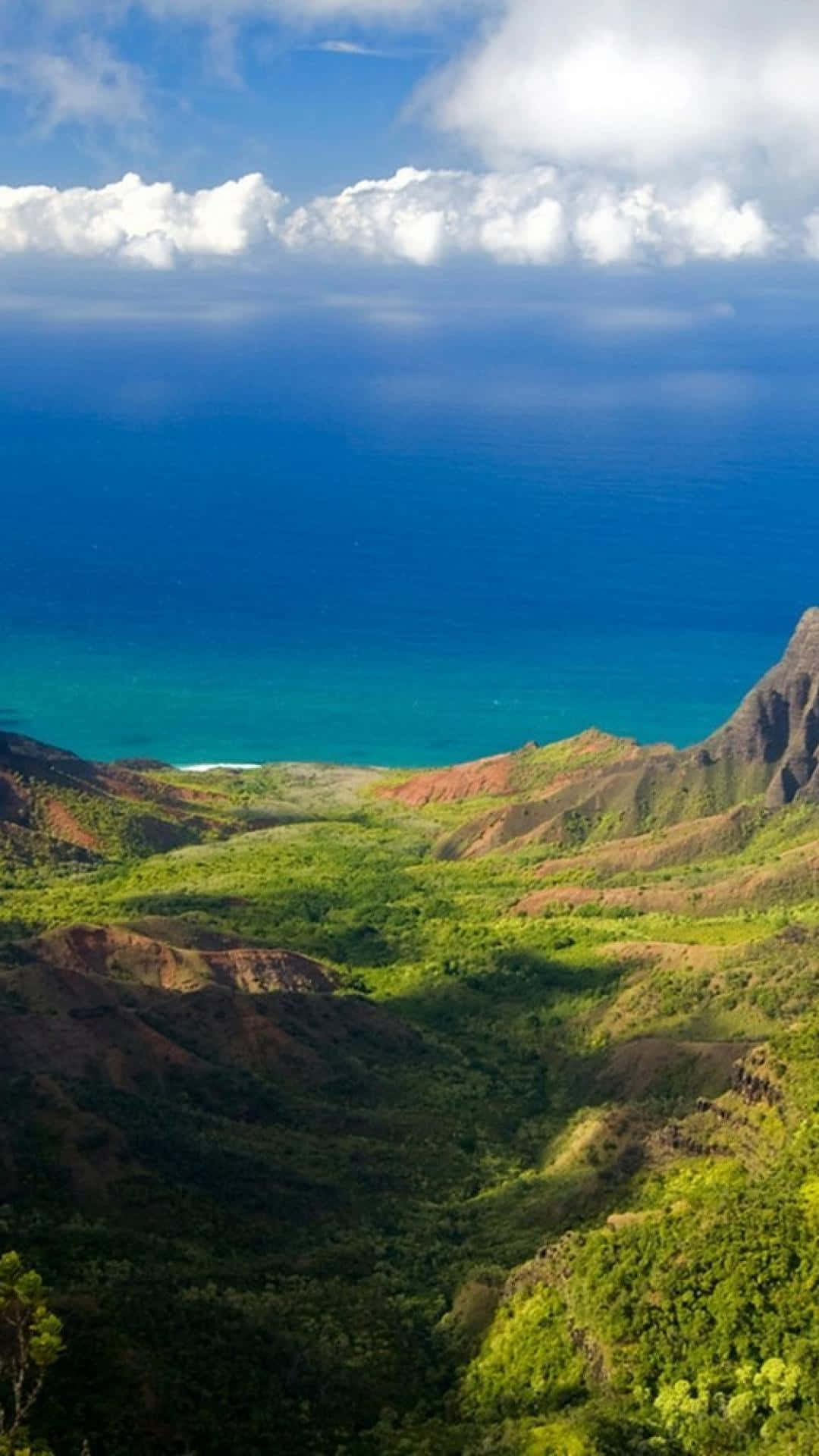Hawaii iPhone 桌布 壁紙 — 在部分多雲的天空下，鬱鬱蔥蔥的綠色山谷與充滿活力的藍色海洋交匯的壯麗鳥瞰圖。