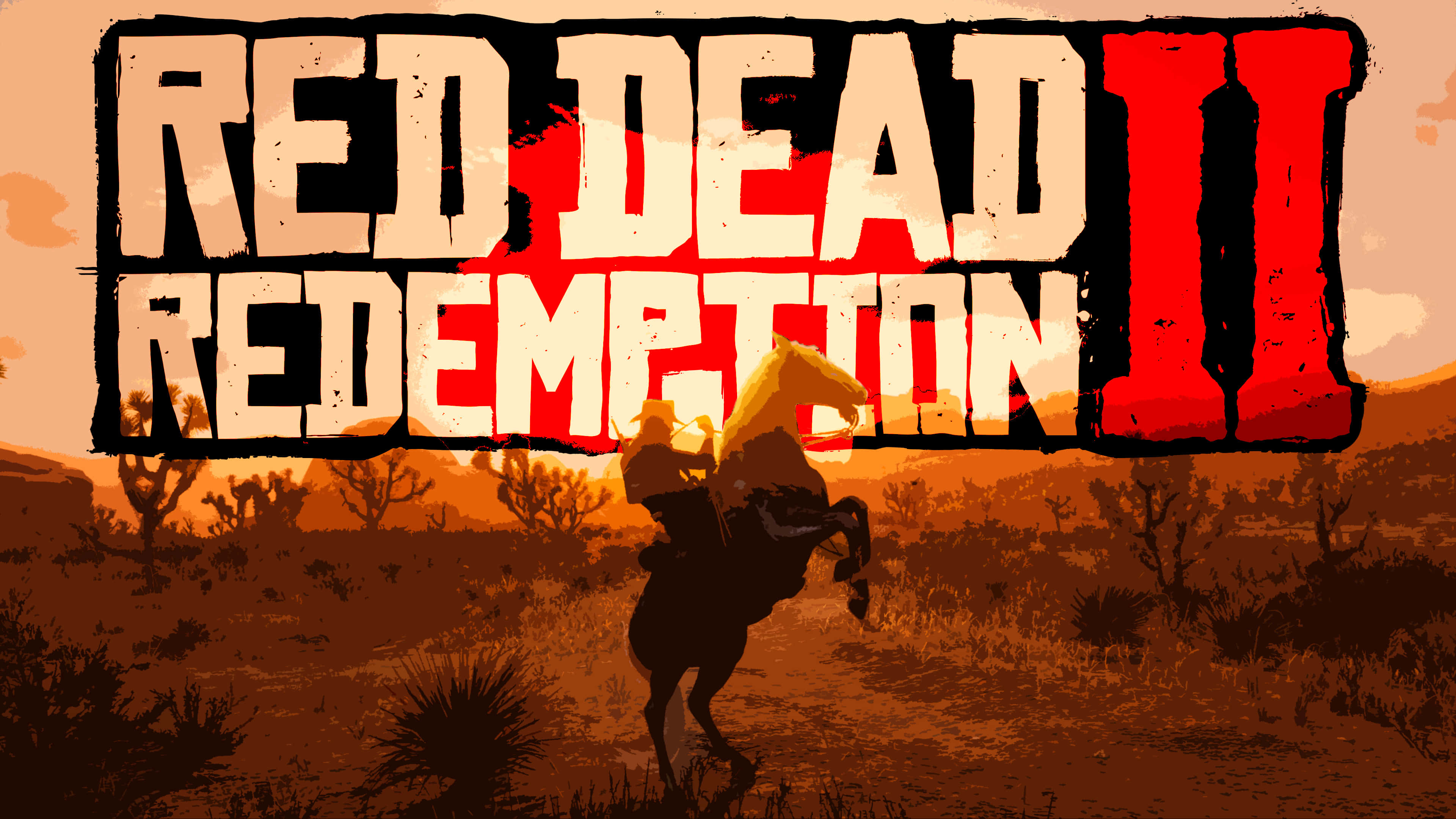 Red Dead Redemption 4K 桌布 壁紙 — 在醒目的「Red Dead Redemption II」標題下，一名牛仔騎著一匹後腿站立的馬，背景是日落。