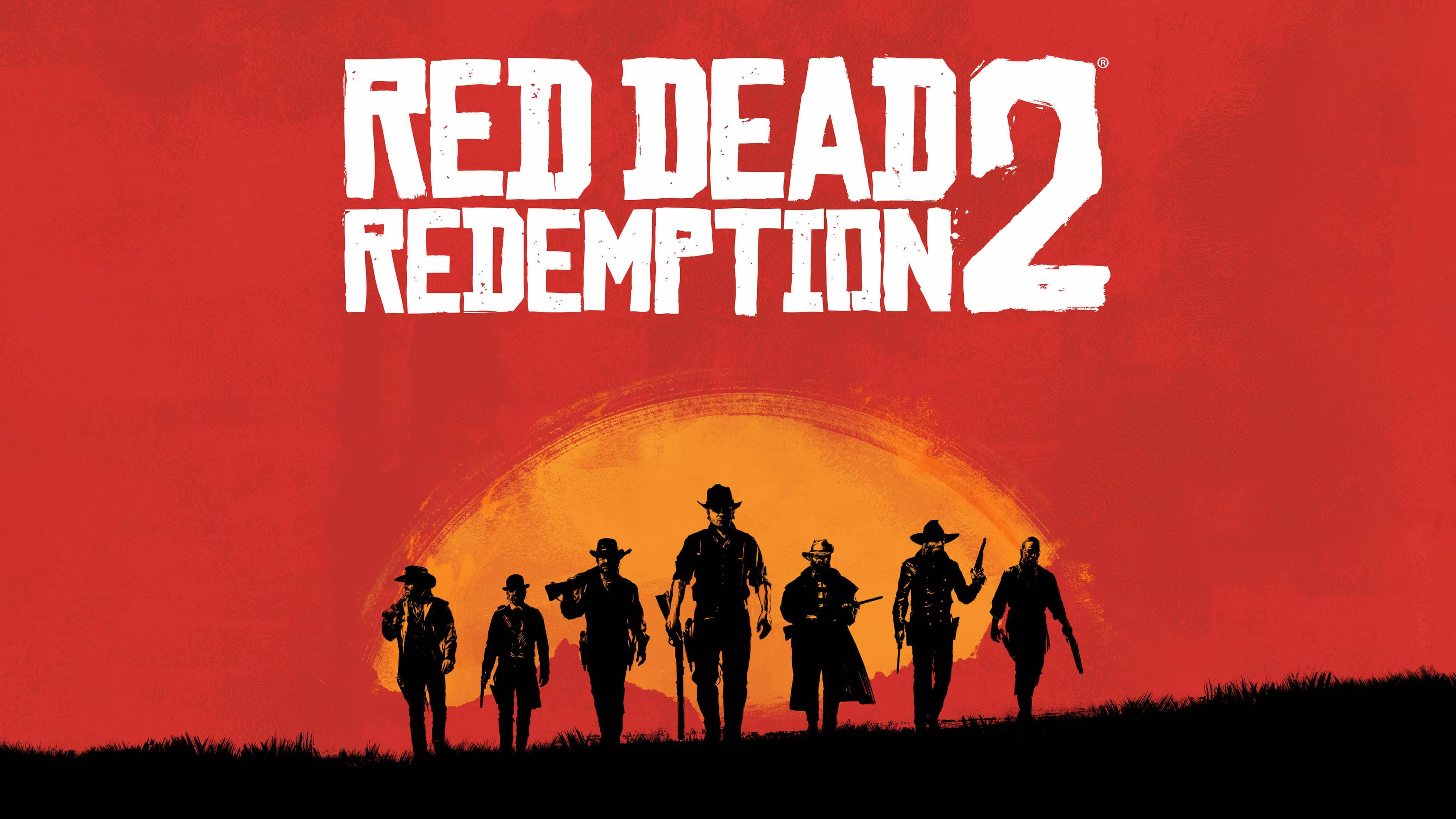 電玩遊戲 桌布 壁紙 — 在醒目的標題 Red Dead Redemption 2 下，剪影牛仔站在火紅的夕陽前。