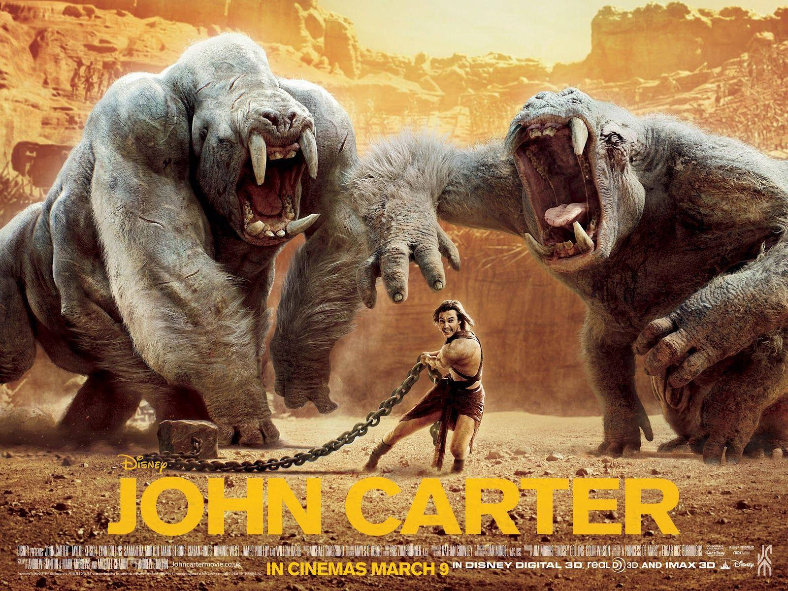 john carter 桌布 壁紙 — 在金色天空下，一個孤獨的戰士在塵土飛揚的峽谷中與兩隻巨大的咆哮有袋類野獸戰鬥。