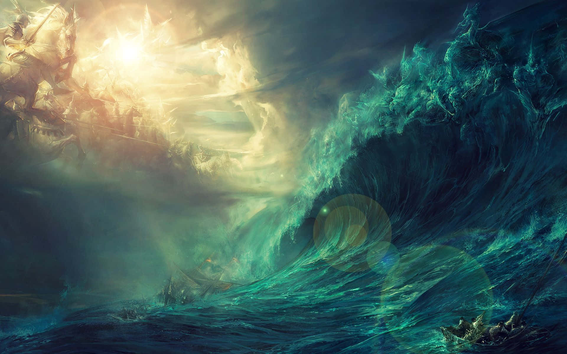 Ocean Storm 桌布 壁紙 — 在金色太陽下，巨大的青綠色海浪撞擊，船隻在洶湧的大海中戰鬥，形成戲劇性的奇幻海洋場景。