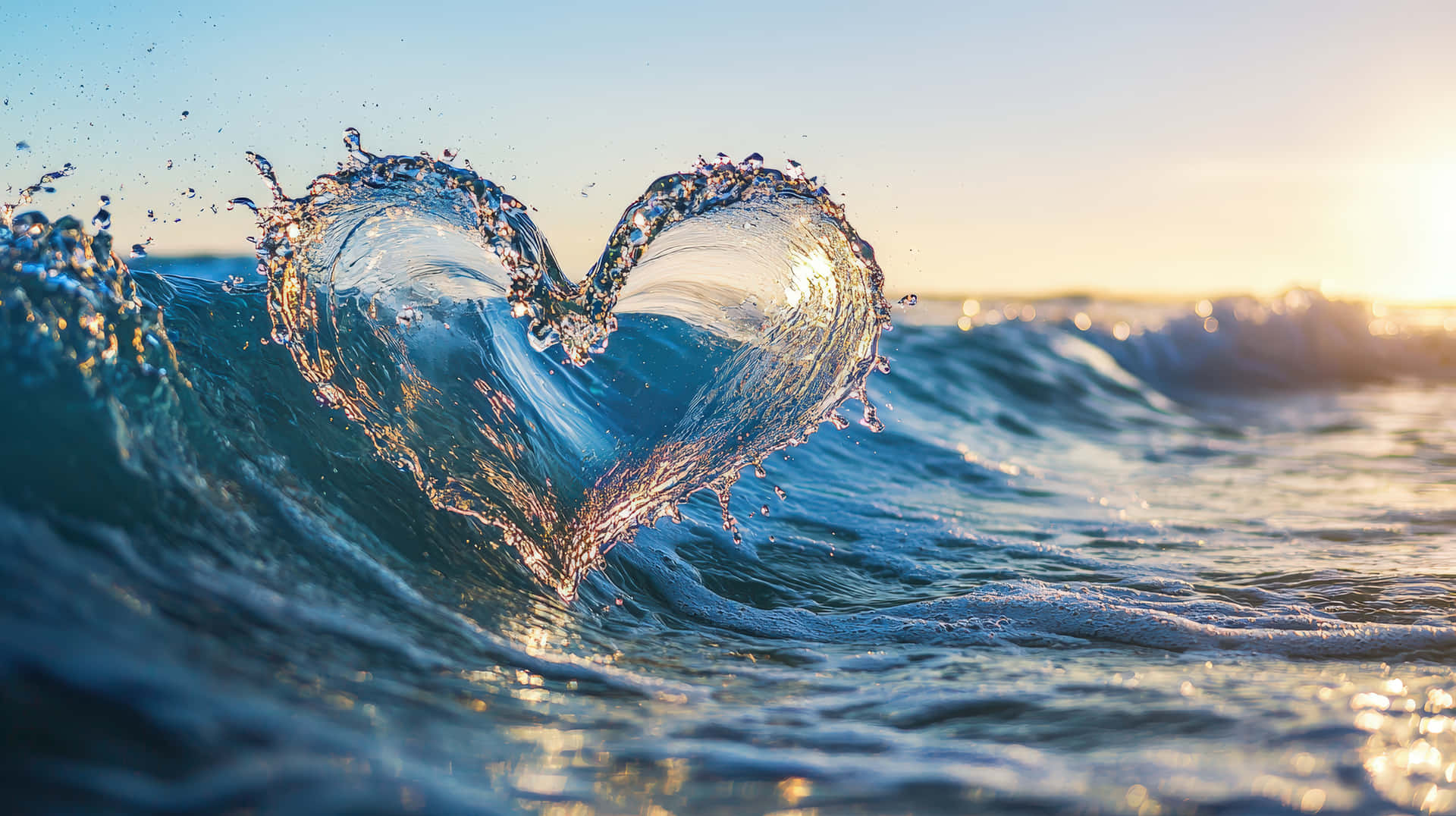 Heart-Shaped Ocean Wave at Sunset 壁紙 — 在金色日落天空下，心形波浪在碧綠的海水中翻捲。