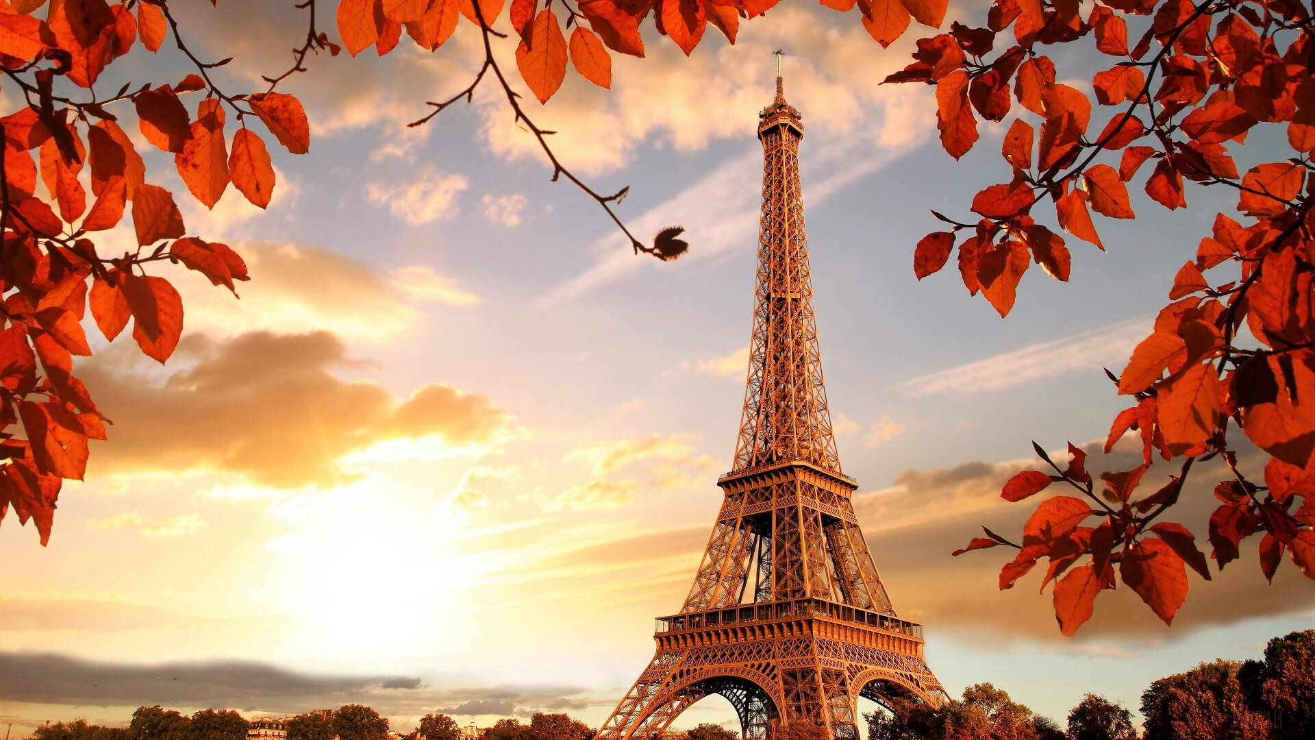 Eiffel Tower 桌布 壁紙 — 在金色日落天空的映襯下，艾菲爾鐵塔被鮮豔的秋葉環繞。