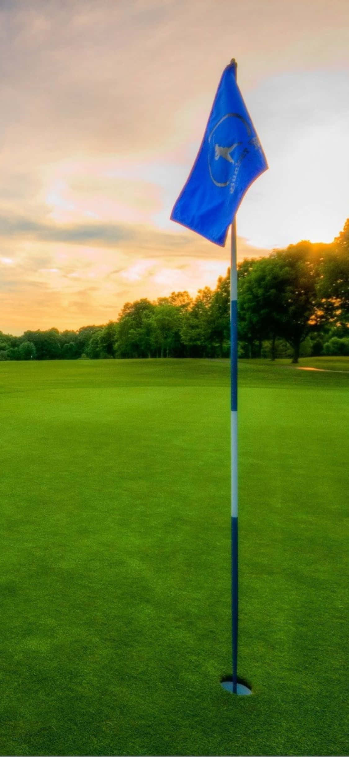iPhone X Golf Course 桌布 壁紙 — 在金色日落時分，一面藍色高爾夫旗幟在純淨綠色球道的旗桿上飄揚。