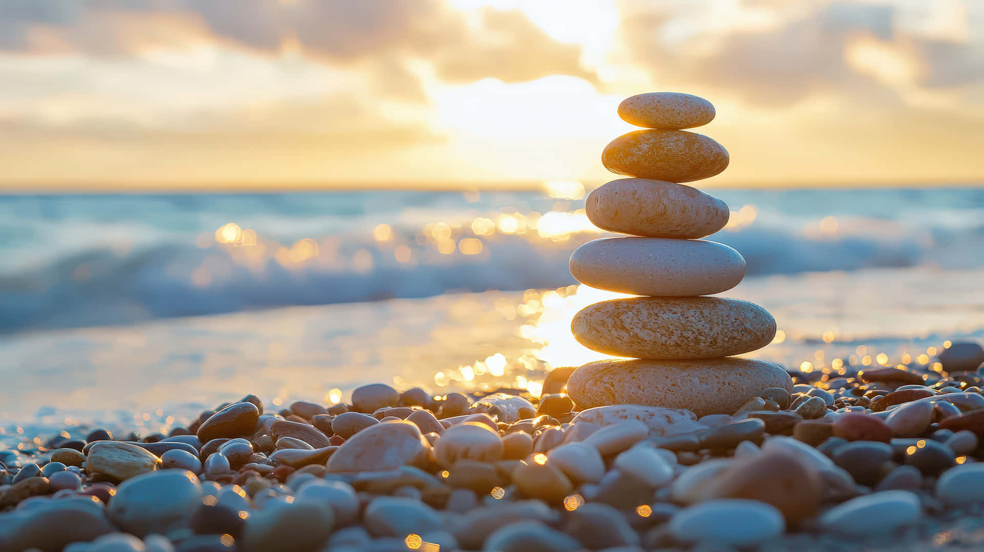 Zen Stone Balance on a Pebble Beach at Sunset with Ocean Waves 壁紙 — 在金色日落時分，海浪拍打著卵石海灘，一堆光滑的石頭完美地平衡著。