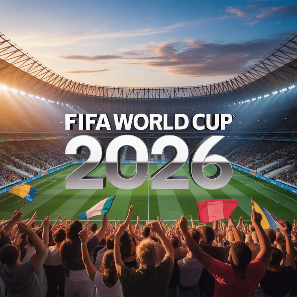 FIFA WORLD CUP 2026 壁紙 — 在金色日落燈光下，充滿活力的體育場人群歡呼，巨大的「FIFA WORLD CUP 2026」文字主導著綠色球場。