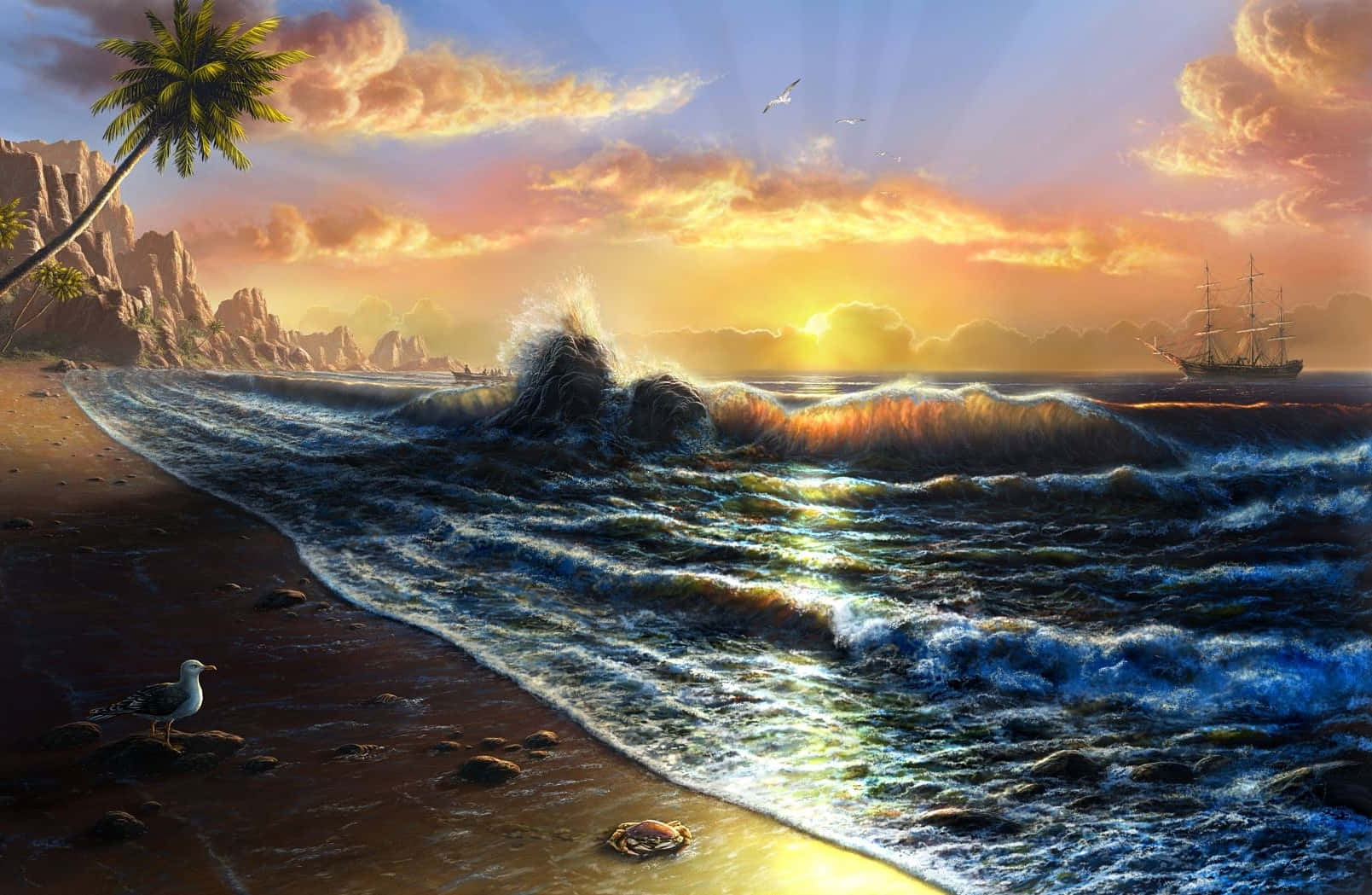 Beach Art 桌布 壁紙 — 在金色雲彩下，一個戲劇性的日落，映照著風暴中的熱帶海灘、拍岸的浪濤、一隻孤獨的海鷗，以及遠處的帆船。