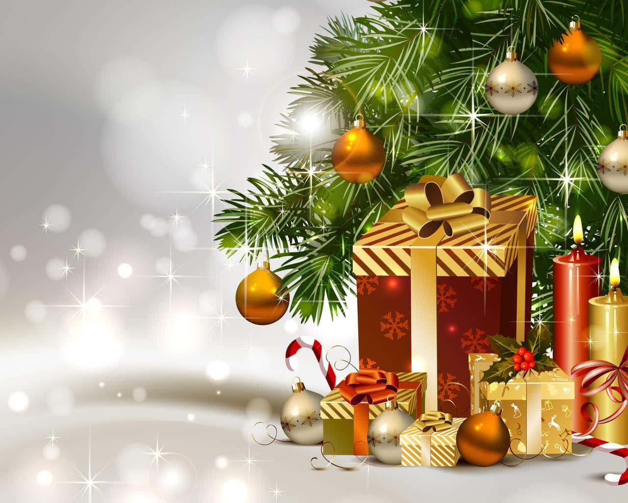 Christmas Card 桌布 壁紙 — 在閃爍燈光下，裝飾著金色和白色飾品及雪花圖案禮物的節日聖誕樹枝。
