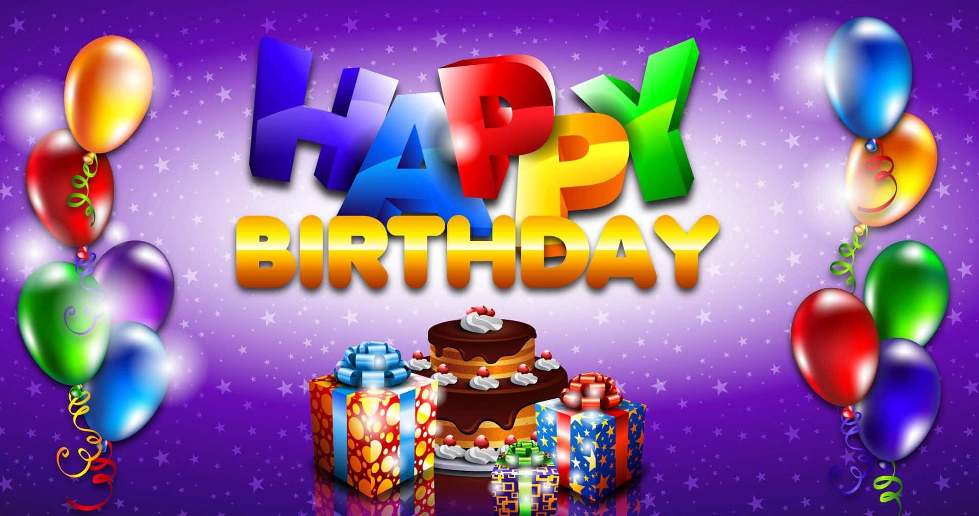 Birthday Wishes 桌布 壁紙 — 在閃爍的紫色背景上，帶有氣球、禮物和蛋糕的充滿活力的生日快樂文字。