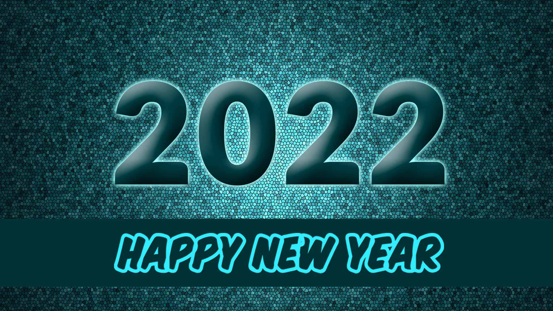 新年快樂 桌布 壁紙 — 在閃爍的藍綠色數位背景上，發光的2022文字下方有「HAPPY NEW YEAR」。