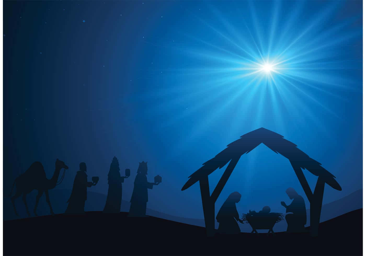 Nativity Scene 桌布 壁紙 — 在閃耀的星星下，黑暗山坡上三位智者與駱駝走近的剪影耶穌誕生場景。