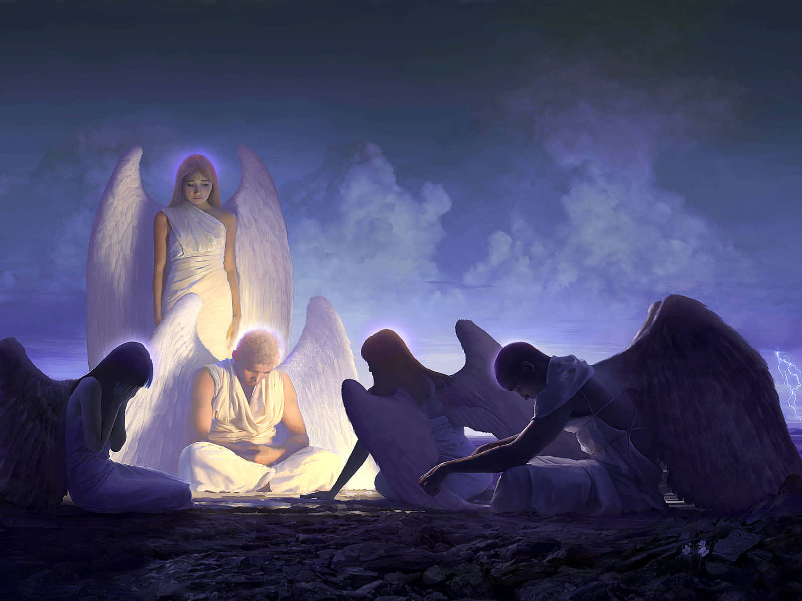 angels 桌布 壁紙 — 在閃電交加的暴風雨紫色天空下，一位發光的天使站立在跪拜的天使們之中。