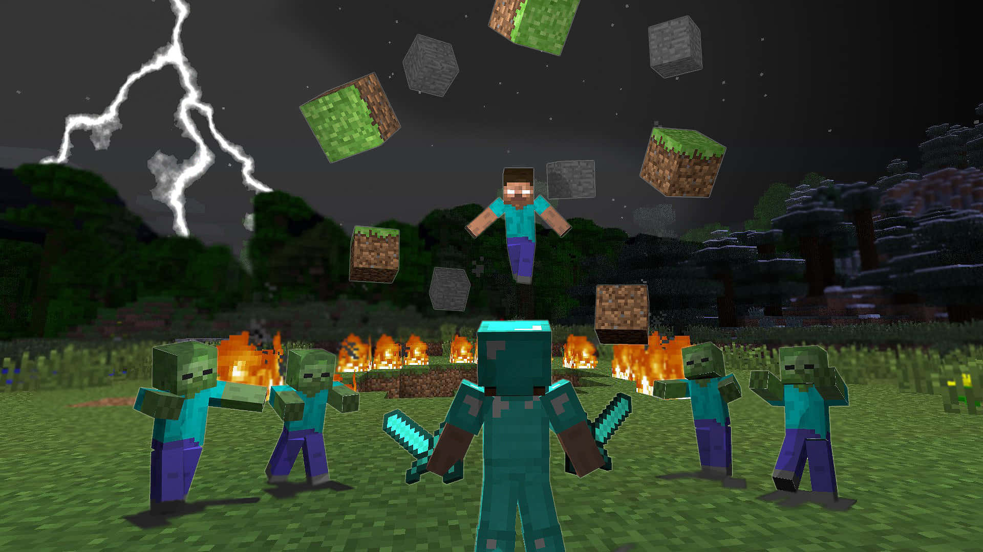 Herobrine 桌布 壁紙 — 在閃電風暴下，Minecraft 玩家在掉落的方塊之間跳躍，而殭屍聚集在營火周圍。