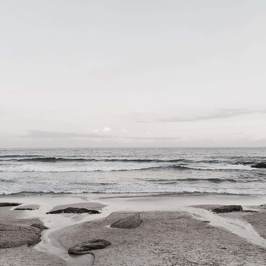 Beach Aesthetic Tumblr 桌布 壁紙 — 在陰天之下，一個寧靜的灰色沙灘，溫柔的海浪拍打著濕潤的沙灘，沙灘上散落著岩石。