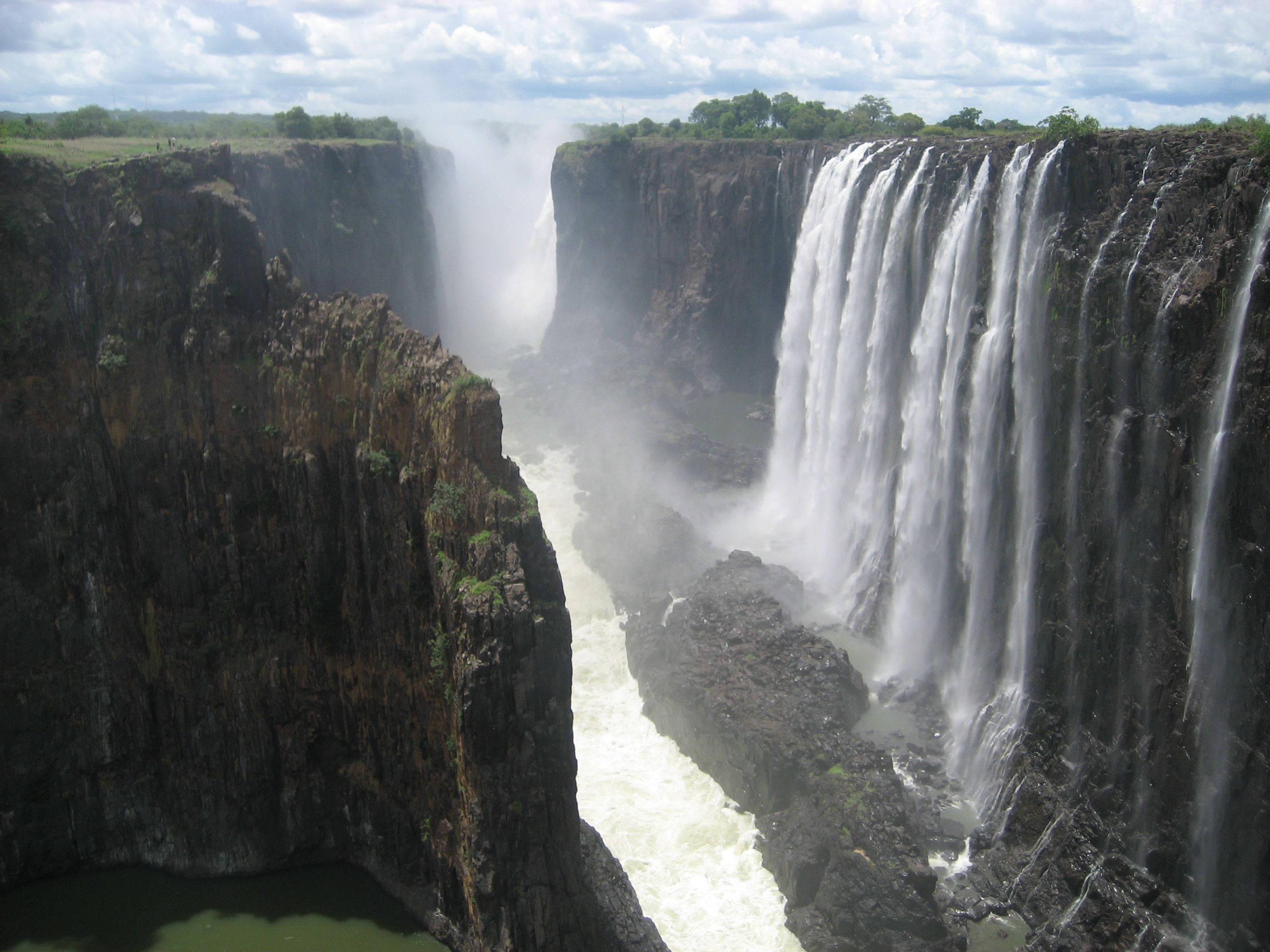 Zimbabwe 桌布 壁紙 — 在陰天之下，一道巨大的瀑布從黑暗的懸崖上傾瀉而下，流入下方湍急的河流。