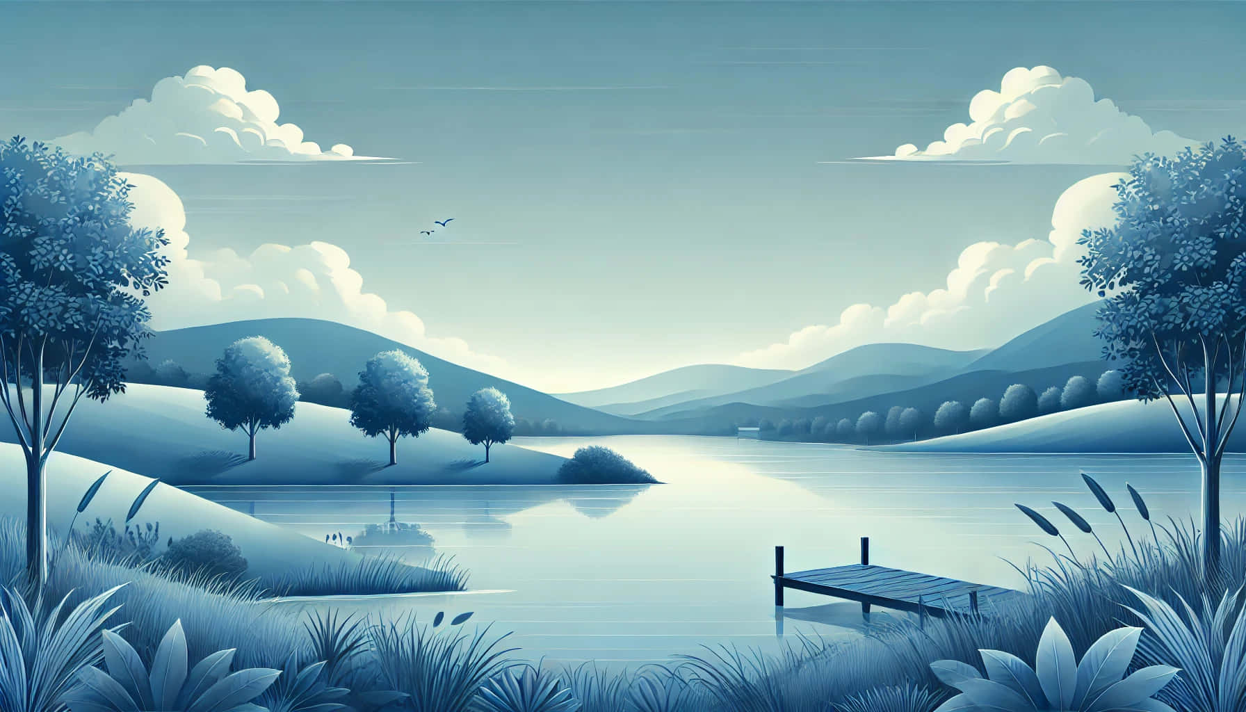 landscape_blue_with_reflection 壁紙 — 在陰天天空下，一個寧靜的藍色調湖邊場景，有木製碼頭、樹木和遠山。