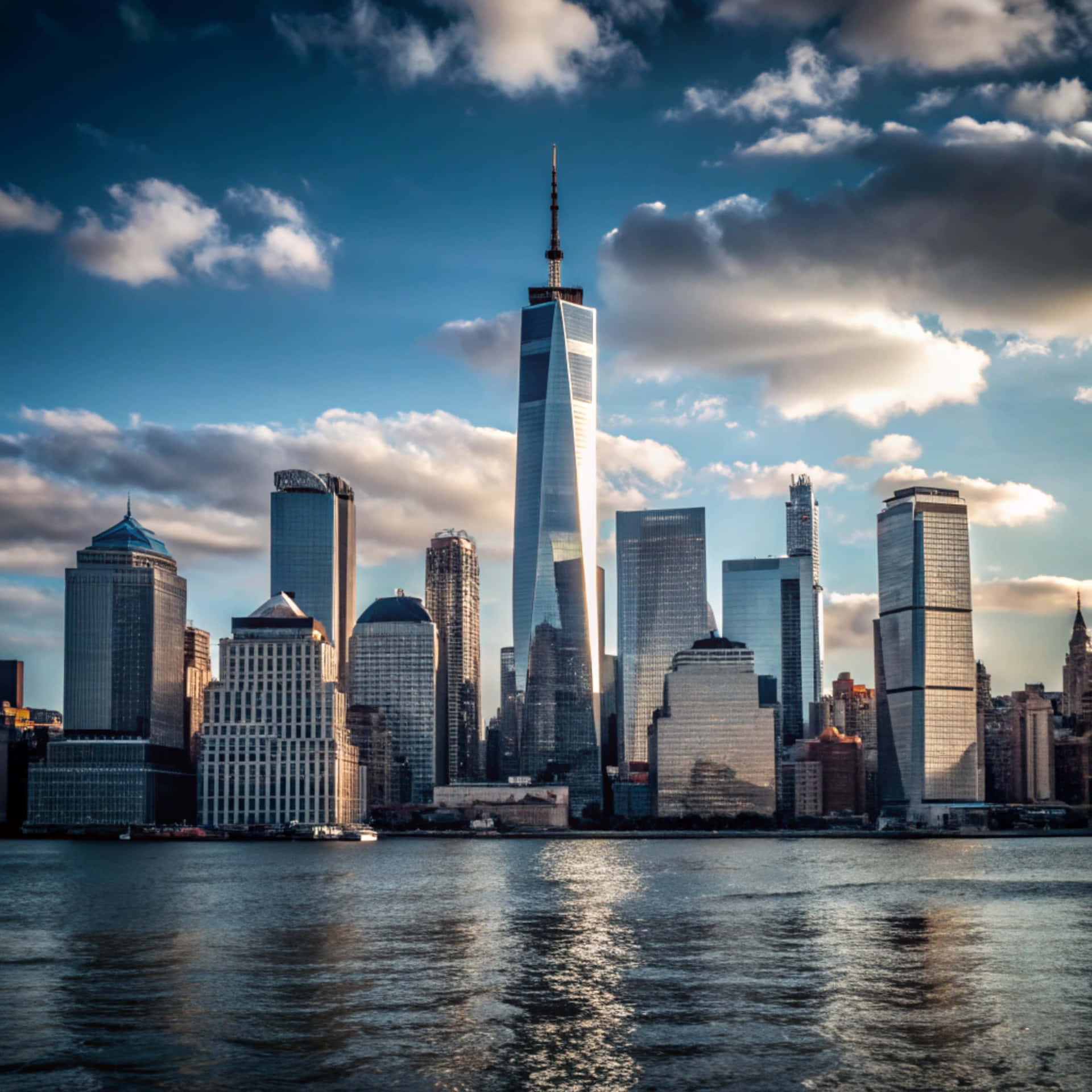 New York Skyline 壁紙 — 在陰天天空下，世界貿易中心一號大樓和紐約市天際線在水面上的戲劇性倒影。