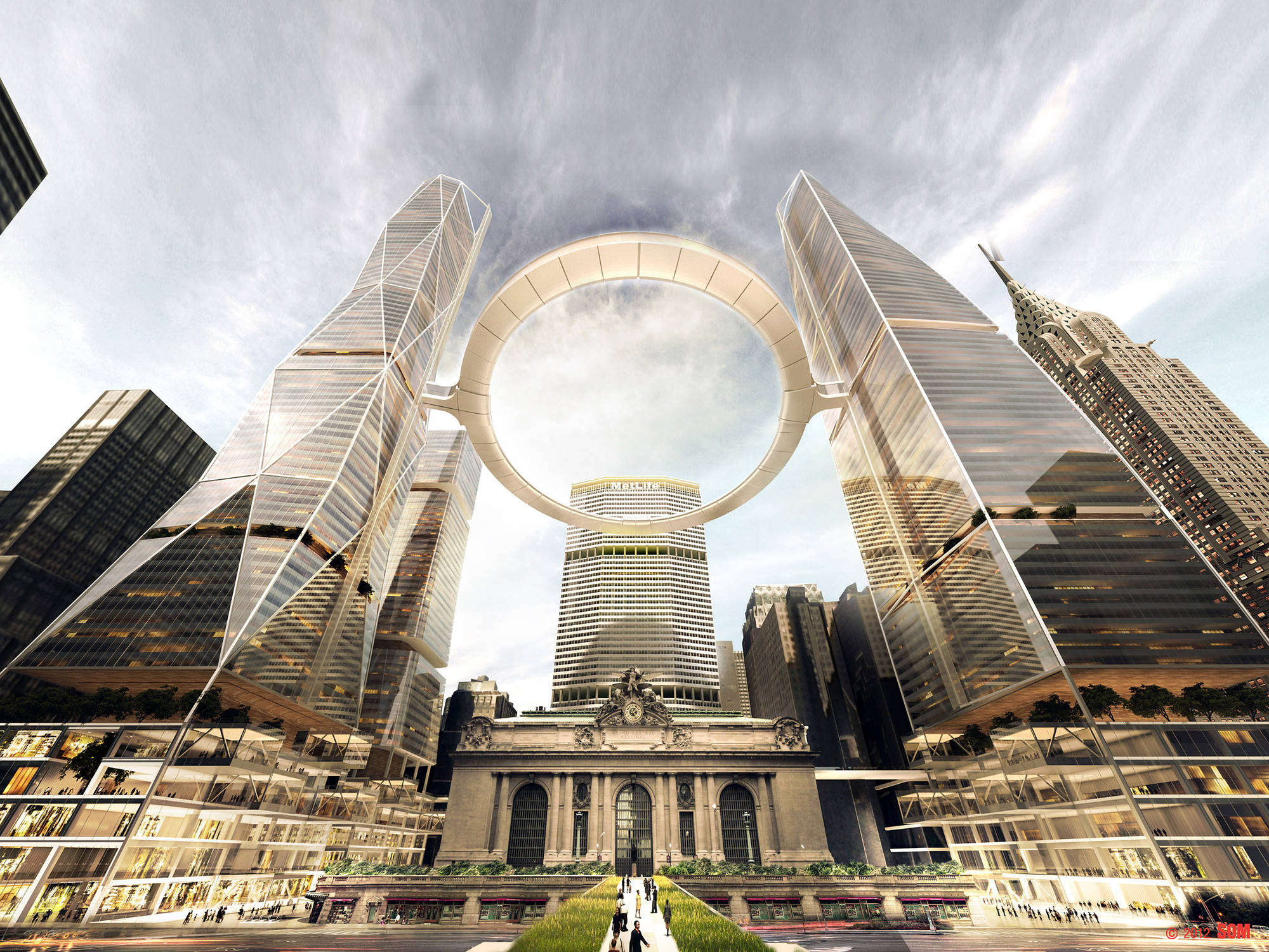 Skyscraper 桌布 壁紙 — 在陰天天空下，未來主義的玻璃摩天大樓形成一個巨大的圓環，環繞著一座歷史悠久的石頭建築。