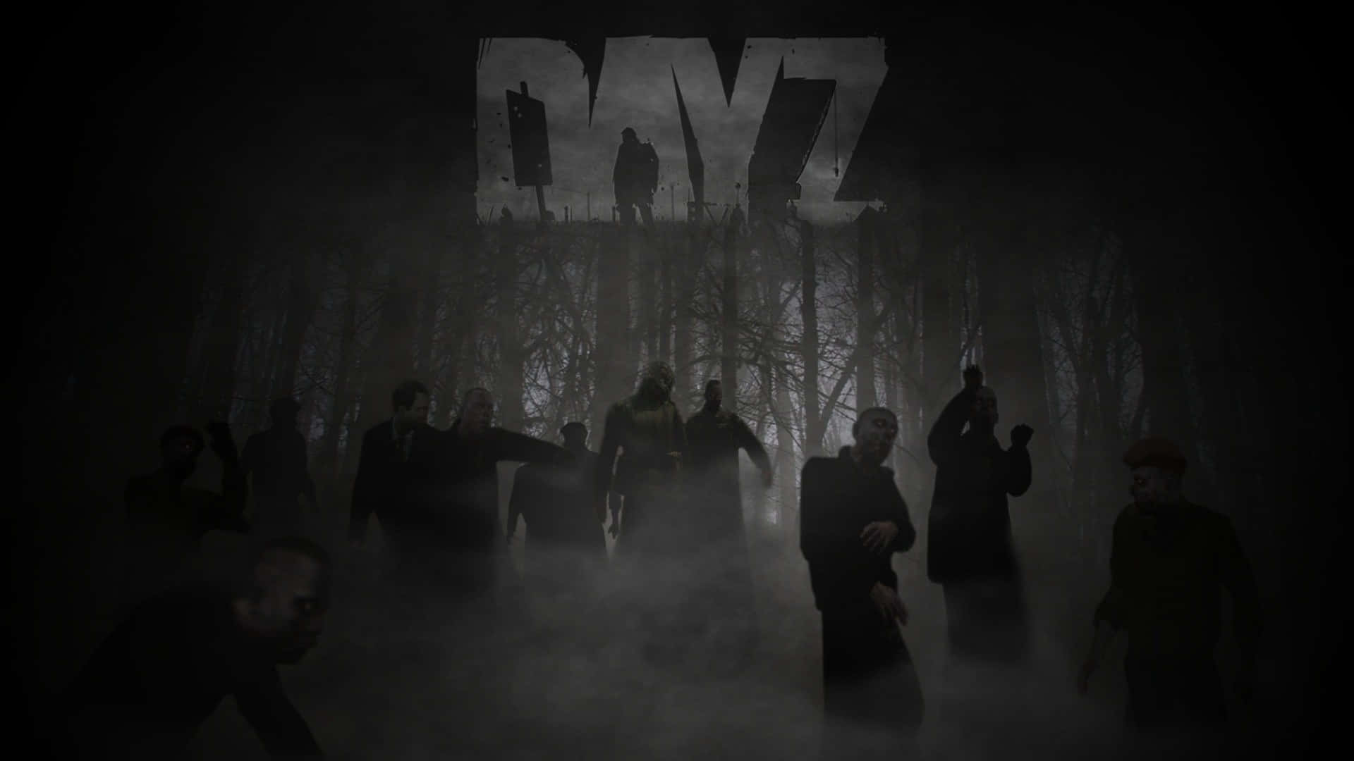 電玩遊戲 桌布 壁紙 — 在陰暗詭異的場景中，霧氣森林裡發光的「DAYZ」標誌下方出現剪影人物。