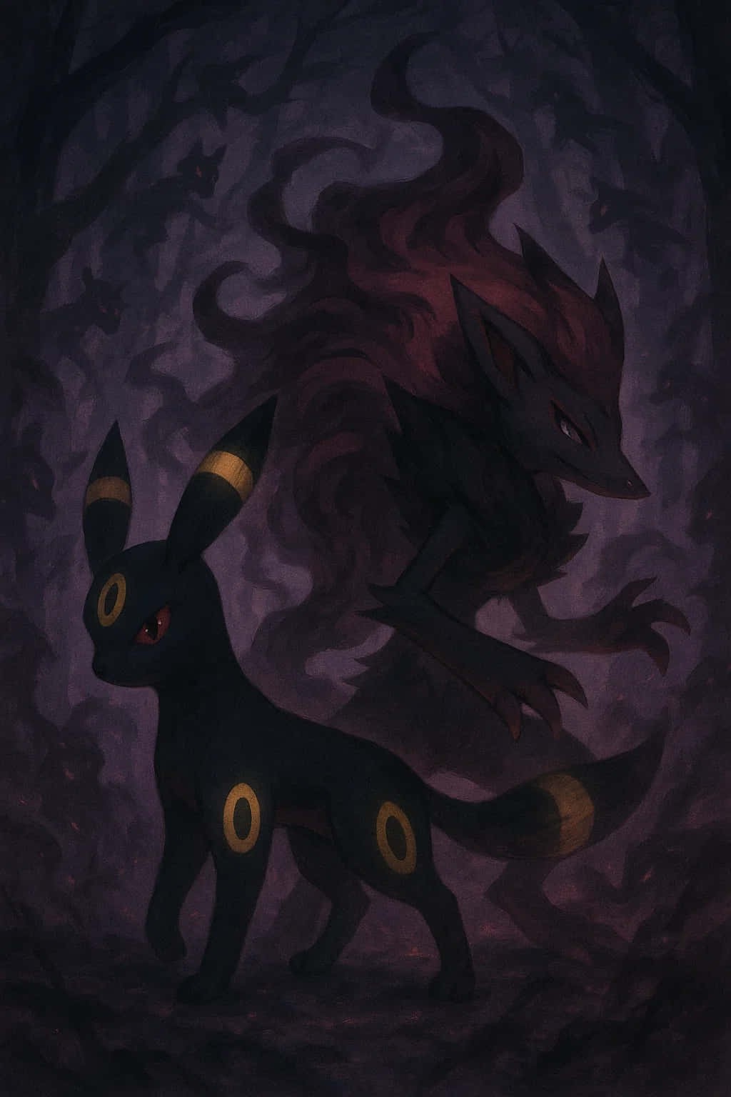 Umbreon Pokemon 4K HD Wallpaper WEBP MOBILE Backgrounds 壁紙 — 在陰森的紫色森林中，月伊布的黑暗剪影站在其陰影般旋轉的進化形態無極汰那之前。
