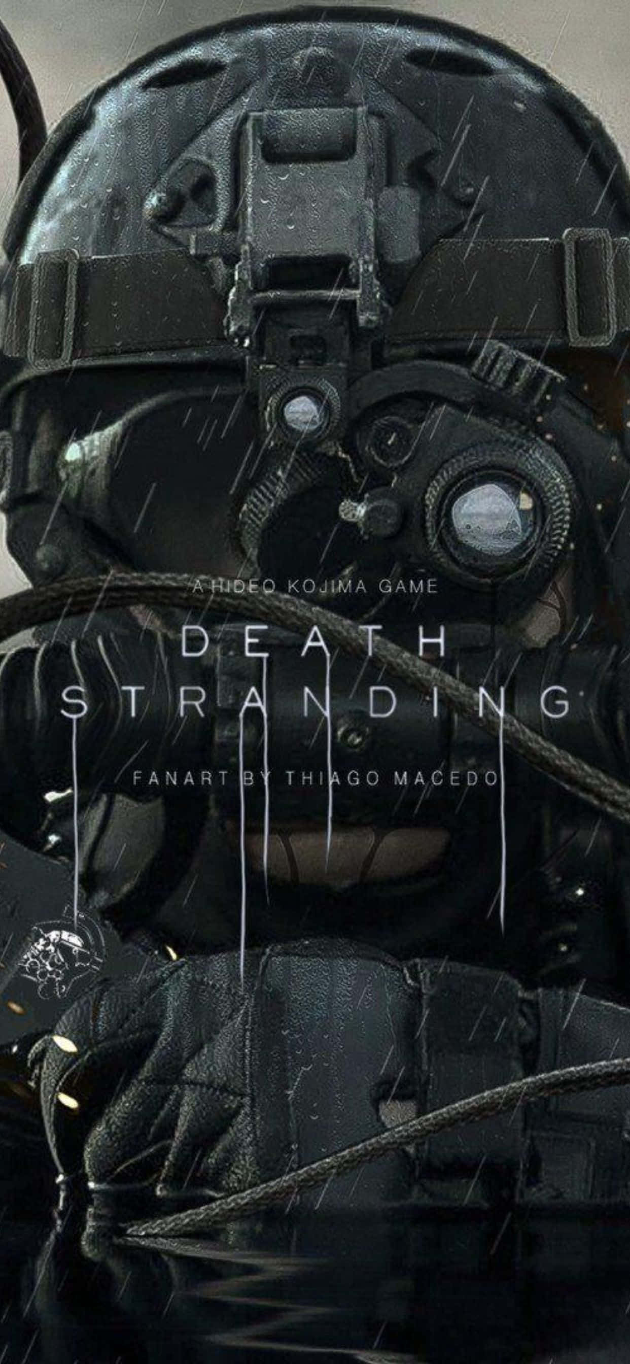 iPhone Xs Max Death Stranding 桌布 壁紙 — 在陰沉天空下，一名身穿戰術裝備、頭戴頭盔和護目鏡的士兵的雨濕特寫。