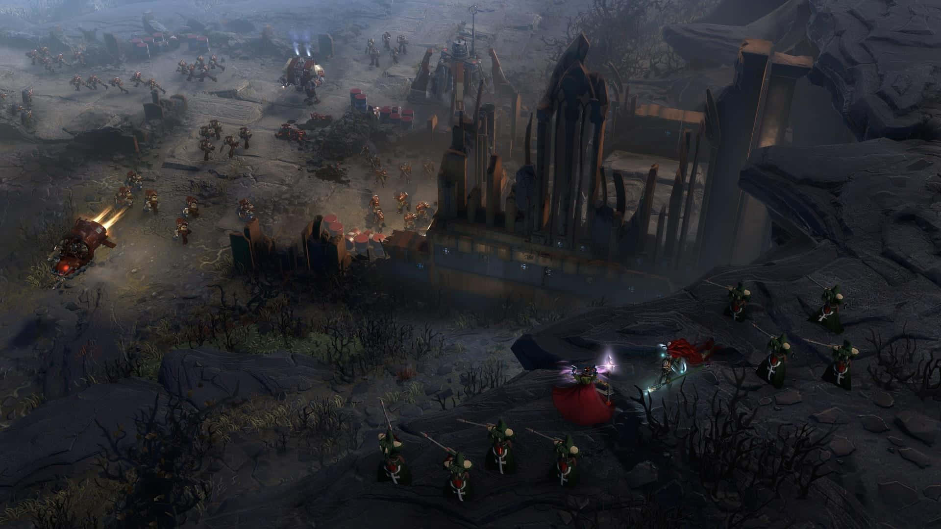 HD Dawn Of War Iii 桌布 壁紙 — 在陰沉天空下，裝甲戰士與發光魔法單位在廢墟石結構中戰鬥的黑暗奇幻戰鬥場景。